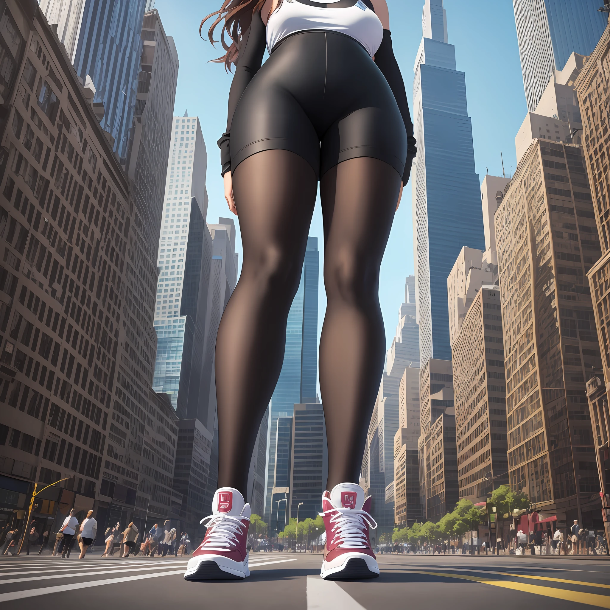 There is a woman standing on the street with her feet on the ground, a man's hind legs and sneakers, a highly detailed shot of a giantess, a photo of a human foot, a giantess, a photo of sneakers, an extremely detailed shot of a giantess standing on a city street, standing on the street, a picture of a giantess, feet taking your POV, a macro giantess stepping on a city, anime realistic style, black tights, a large number of iterations of image processing --auto --s2
