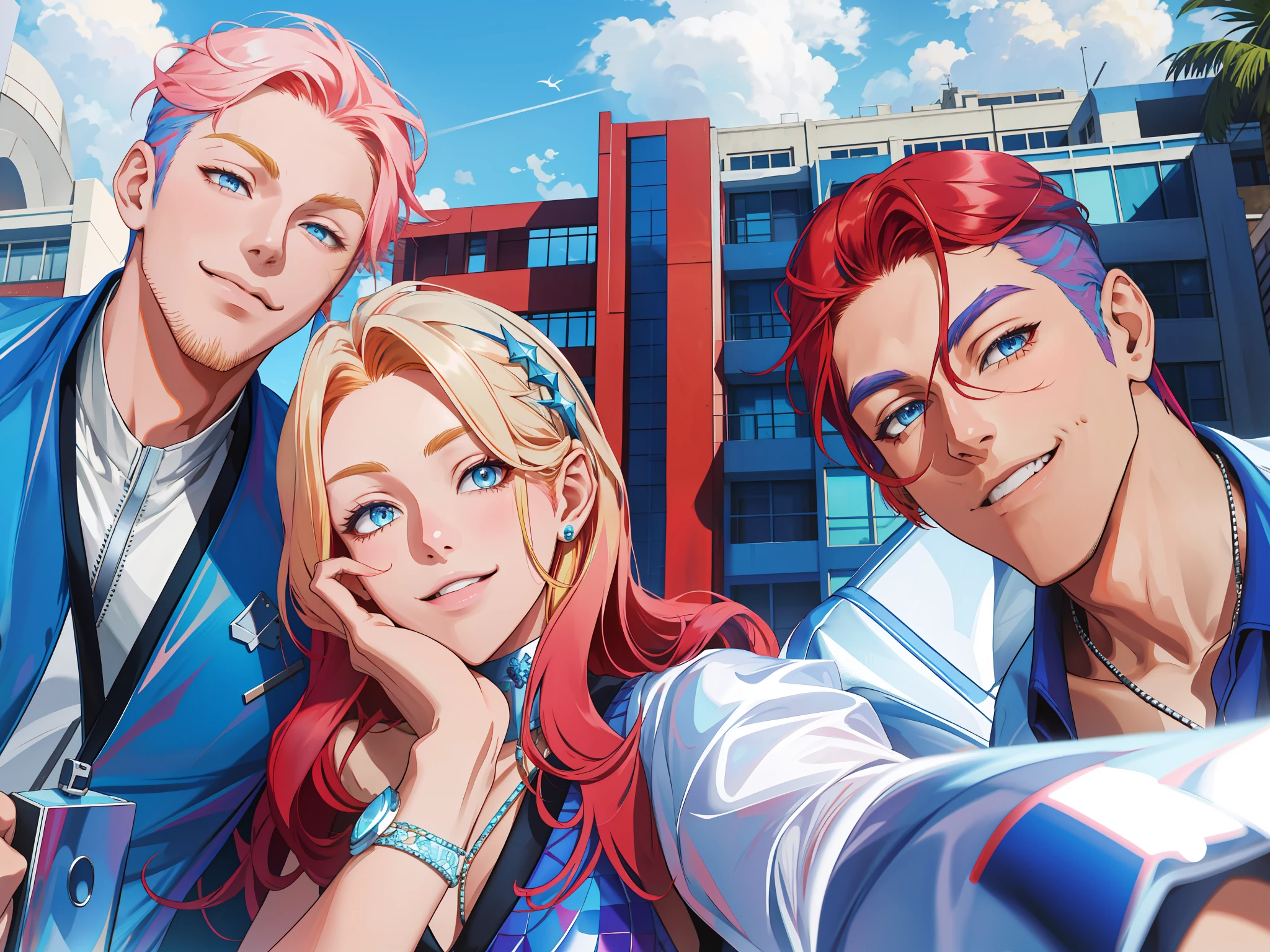 masterpiece, best quality, highres, ahri1, 1girl, solo, blonde hair, k/da \(league of legends\), long hair, multicolored hair, open hair, blue eyes, two-tone hair, large breasts, poolside, micro bikini, smile, 2 handsome boys on her both sides, red hair boy on the left and blue hair boy on the right
