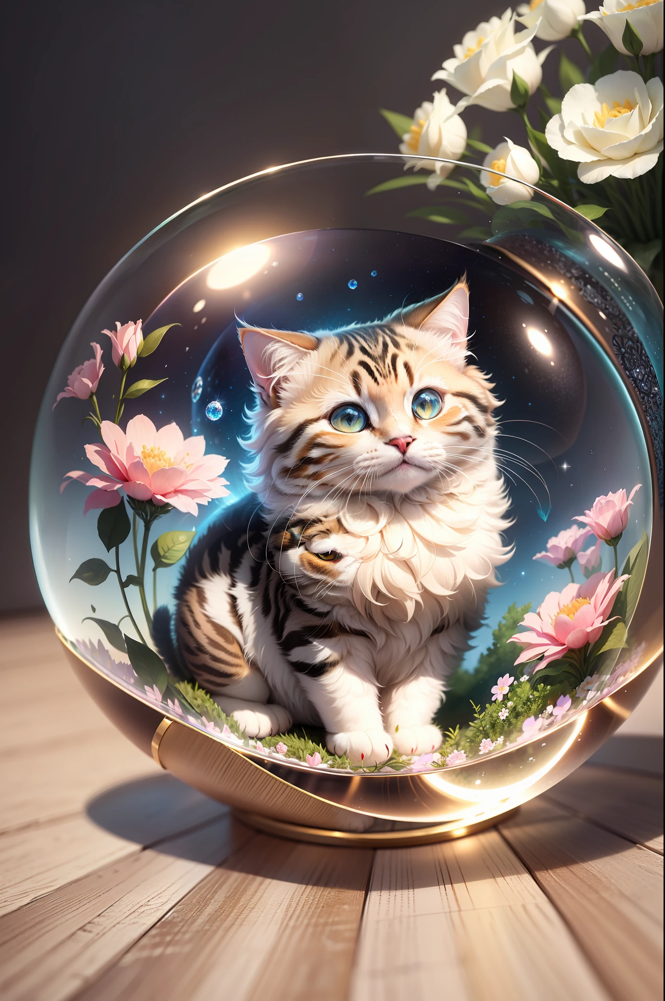 4k, very detailed, adorable chubby fluffy cat sitting in a crystal sphere, cat placed inside a sphere, beautiful flowers, magic