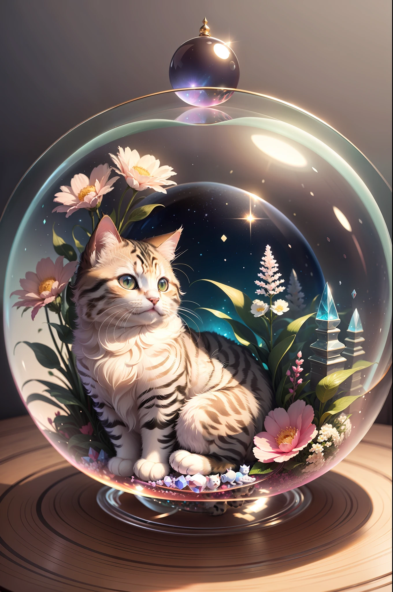 4k, very detailed, adorable chubby fluffy cat sitting in a crystal sphere, cat placed inside a sphere, beautiful flowers, magic