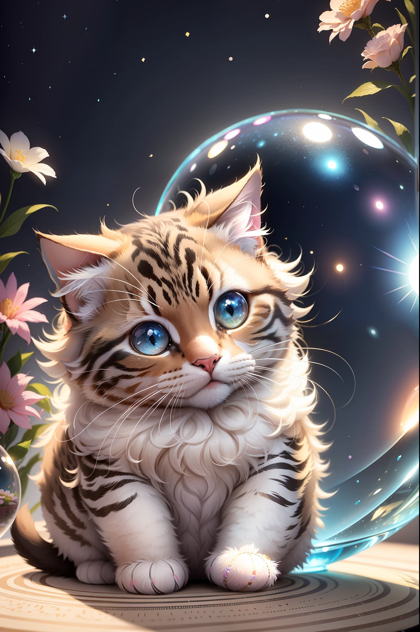 4k, very detailed, adorable chubby fluffy cat sitting in a crystal sphere, cat placed inside a sphere, beautiful flowers, magic