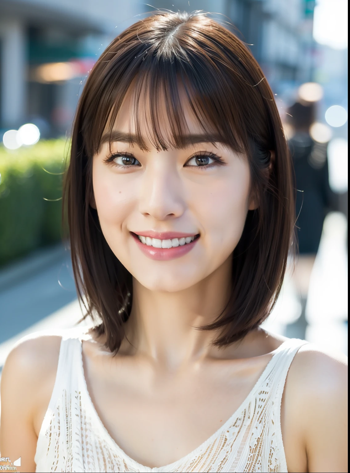 ((Best quality, 8k, Masterpiece, Sharp focus, 35mm lens, f/0.8, amazing beautiful perfect figure :1.4)), under lighting, ((natural medium breasts )), (white shoulder knit sweater:1.2), (street background:1.2),necklace, Highly detailed face and skin texture:1.2, Detailed black eyes:1.2, super detailed skin, shiny skin:1.2, Grinning , beautiful detailed makeup:1.2, high-fidelity bangs, light brown medium cut random hairstyle, from below, looking at viewer, inverted triangle face