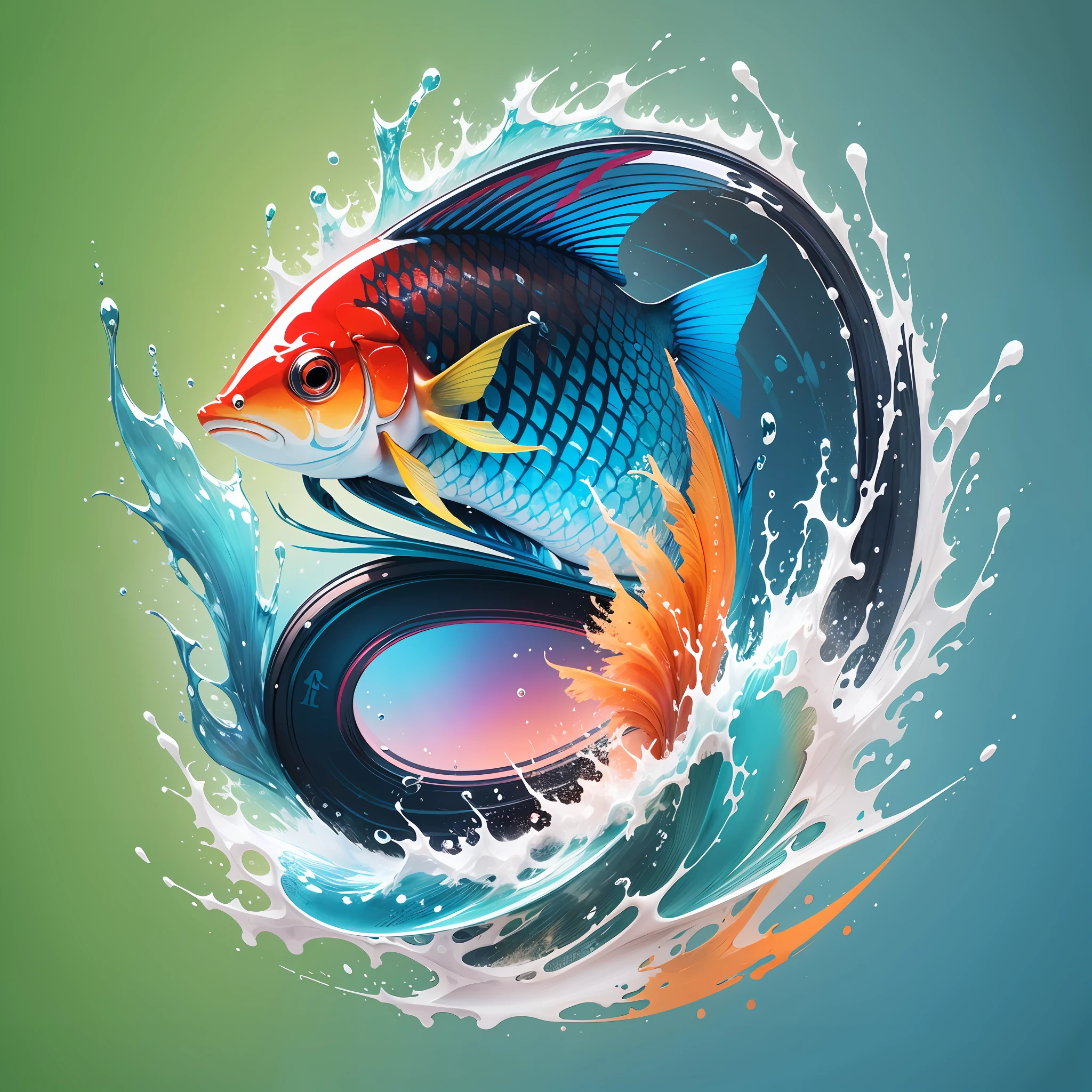 An emblem logo for a fish atire combination of vibrant colours, water elements, simple design, vector art, minimal --auto --s2