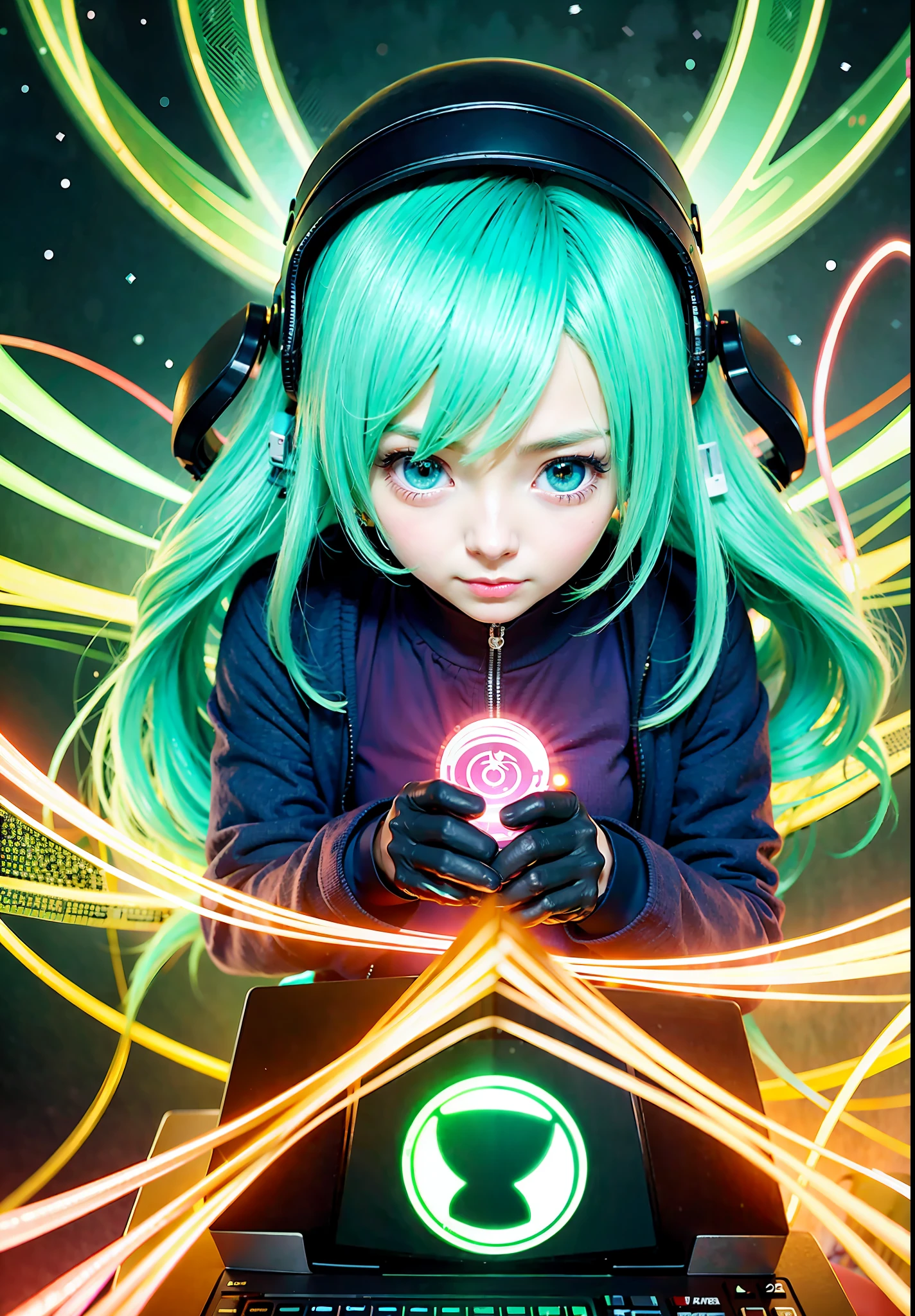 Intricate anime scene of kawaii magical girl hacker magically controlling and hacking a emerald — lit magical computer — style scenic, Anime Style -s 225