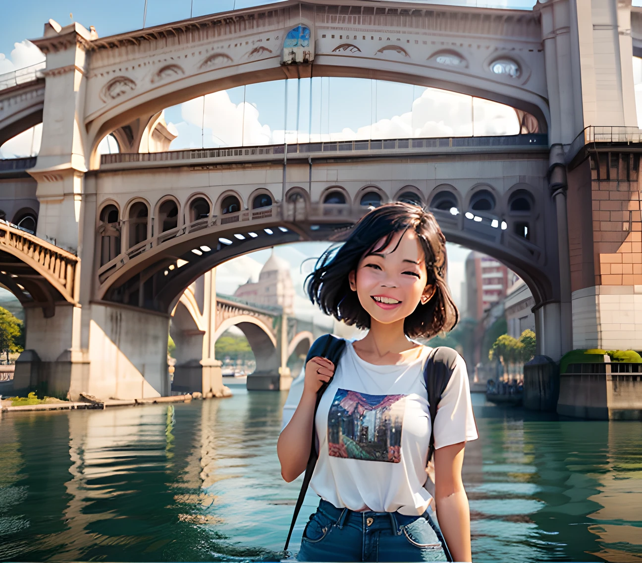 A happy woman in front of a bridge --auto --s2