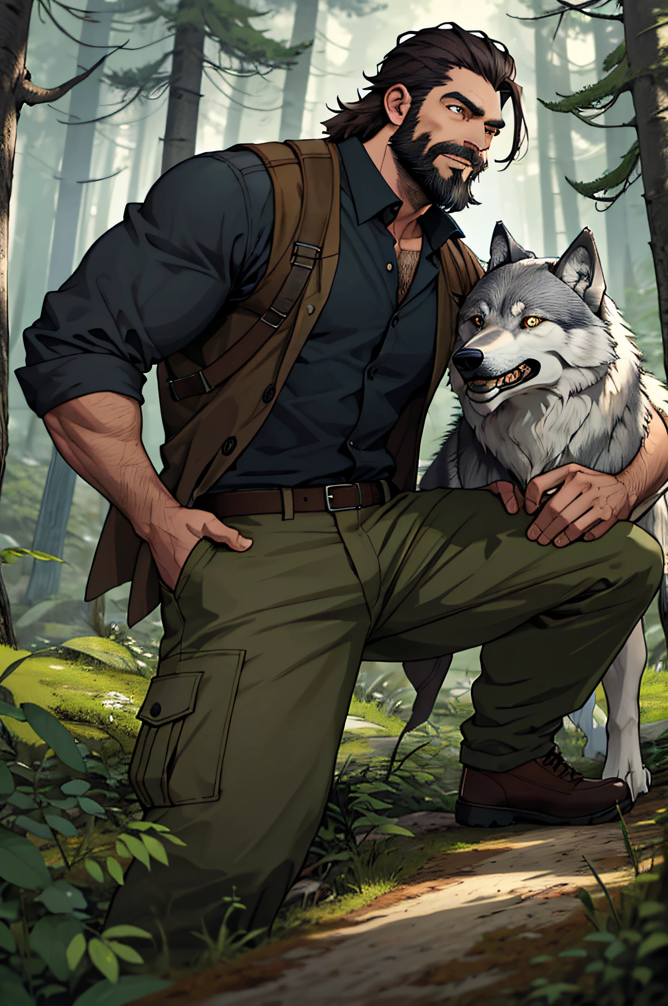 a man with a beard and a wolf, hunter's clothing in the forest, well detailed