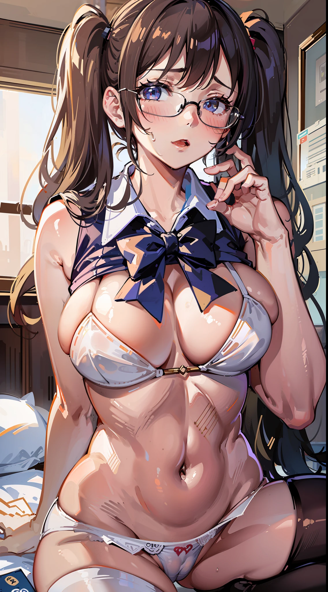 masterpiece, top quality, realistic, photorealistic, amazing lighting, super detail, dynamic angle, masterpiece, perfect face, (bright lighting: 1.2), beautiful detailed eyes, highly detailed face, perfect lighting, squatting, room, bed, 1 girl, {hair (dark brown), twintails}, high school uniform, pleated skirt, stockings, glasses, sweaty, wet body, navel, thighs, buttocks, big, slim, slender, translucent, embarrassing look, blush, covered, ((white panties, camel toe)),