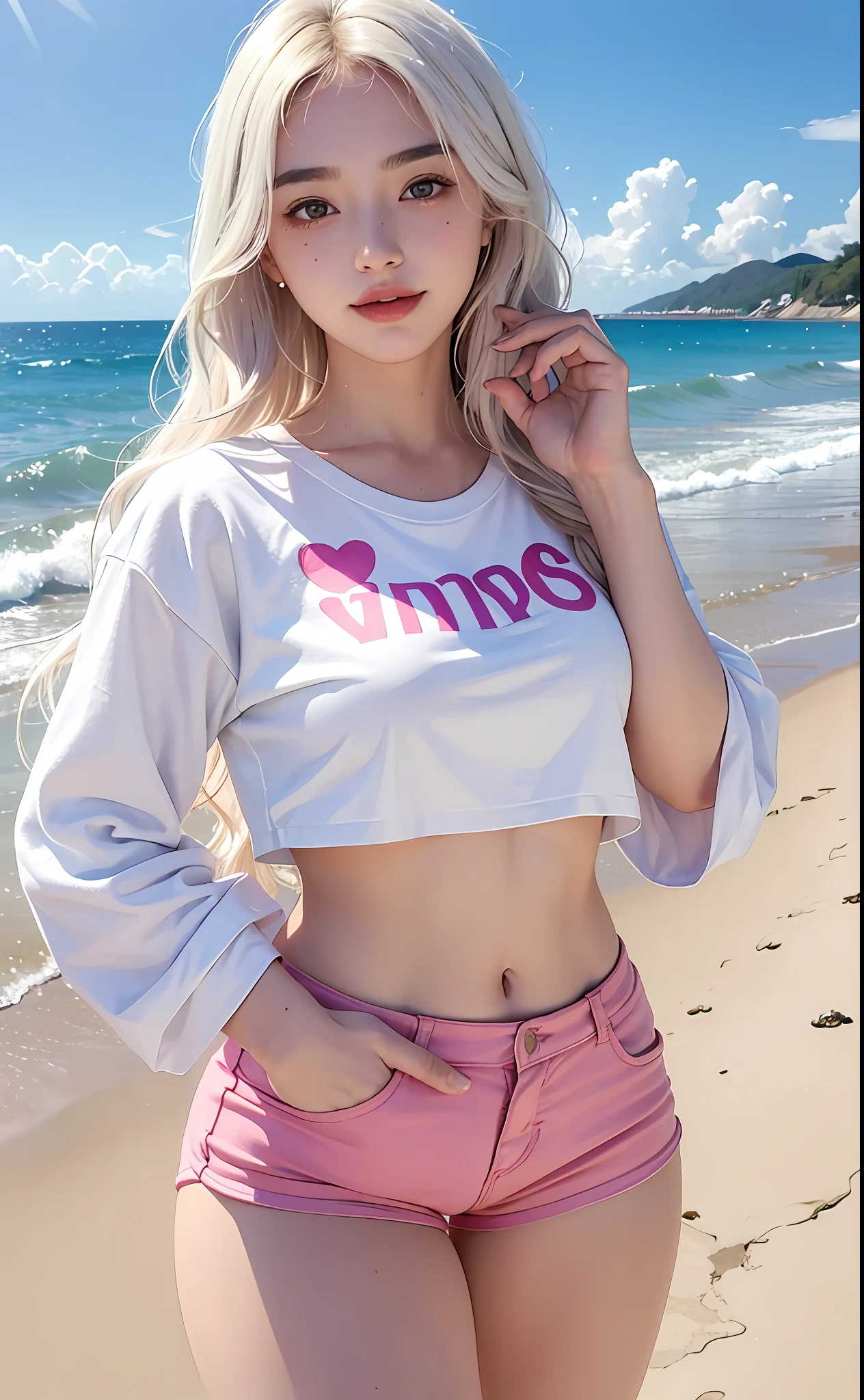 (Masterpiece, realistic, high resolution), (1 girl): 1.2), Korean, ((white wavy hair): 1.3), (heterochromic eyes: 1.1, thick eyebrows, small moles under the eyes), tie, (white shirt printed with love motif, pink sports shorts), ((medium breasts): 1.2, thighs), slim figure, background beach by the sea, standing, smiling charmingly