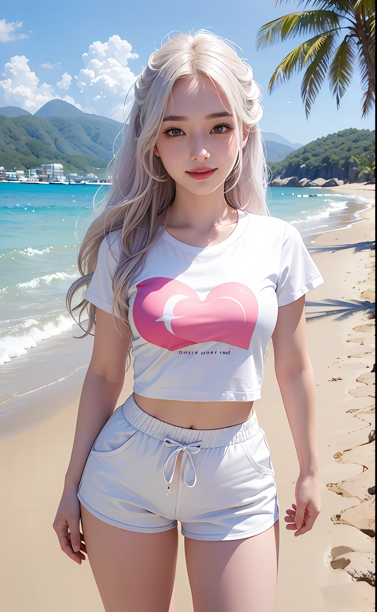 (Masterpiece, realistic, high resolution), (1 girl): 1.2), Korean, ((white wavy hair): 1.3), (heterochromic eyes: 1.1, thick eyebrows, small moles under the eyes), tie, (white shirt printed with love motif, pink sports shorts), ((medium breasts): 1.2, thighs), slim figure, background beach by the sea, standing, smiling charmingly