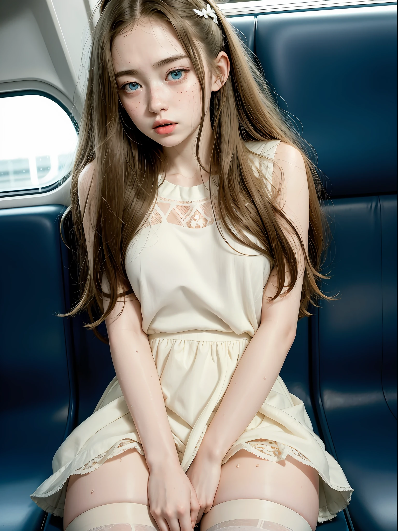 RAW photo, dynamic angle, highly detailed, soft light, 1girl, ((sweaty):1.1), pale skin, korean, , innocent, sexy, mad, long hair, bright blue eyes, freckles, head tilted, white short dress, white stocking, wide thighs, improper sitting, crotch visible, on train, 8k, masterpiece