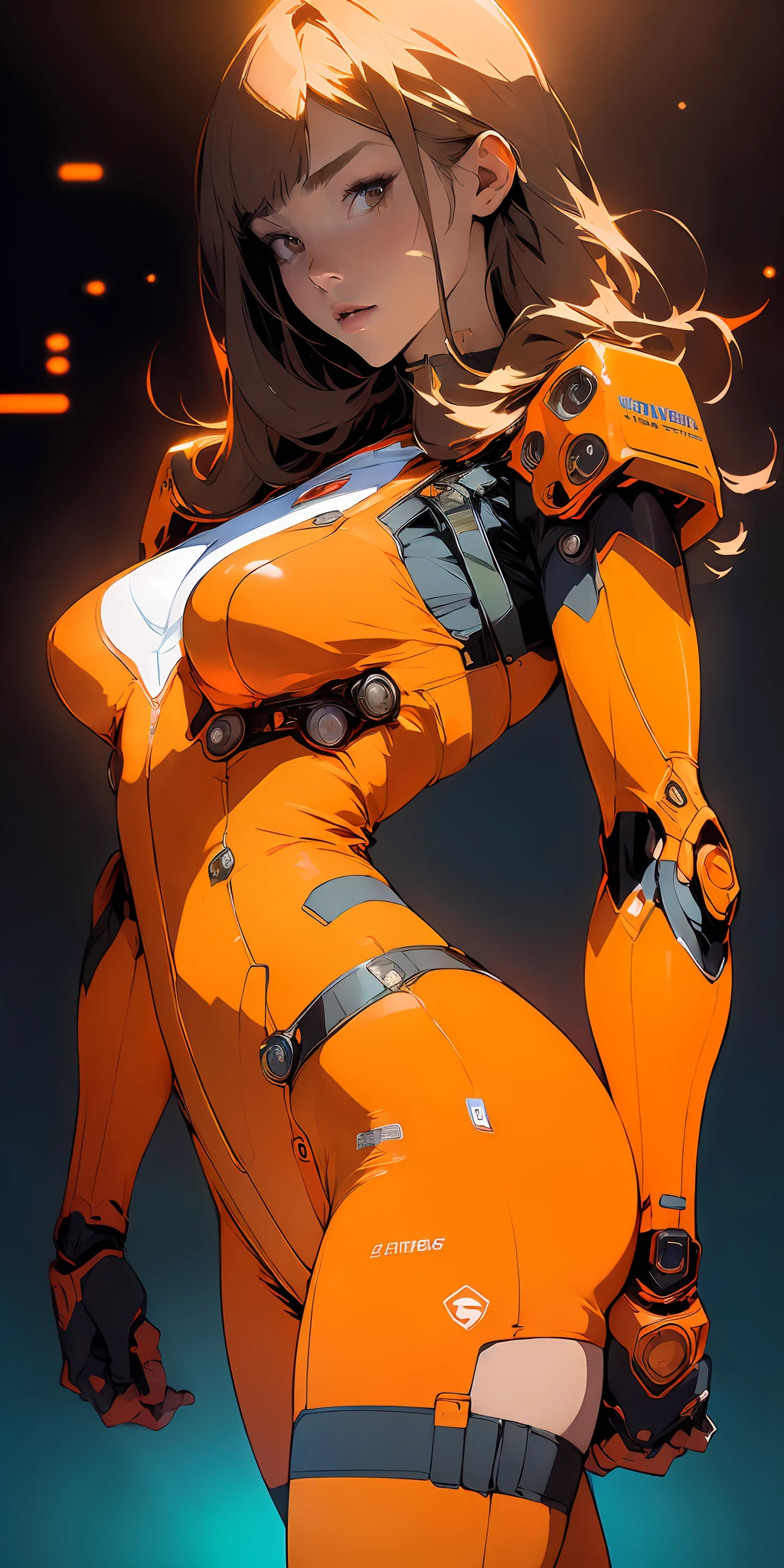 ((Best quality)), ((masterpiece)), (detailed: 1.4), ((bold)), Robot pilot woman muscular body defined, Neon evangelion style, half thick naked thighs, closed mouth, only panties, muscular body parts covered by technological clothing, (((medium breasts)) perfect, generous neckline, (((orange clothing)), Holland, pastel, (((mechanical arm))), airplane wings on the back, dark brown straight hair with straight bangs on the forehead, short underwear, garter belt, by mucha, niji --V5, close to real, best quality, almost naked, psychopathic, crazy face, sexy pose, psychedelic background, 2 piece clothes, Holland symbol designs, cyberpunk, dark blue bra with the sun, (((clothes with the colors of the Dutch national team shirt))), pointed shoulder pads, blue eyes without pupils, HDR (High Dynamic Range), Ray Tracing,NVIDIA RTX,Super-Resolution,Unreal 5,Subsurface Dispersion, PBR Texture, Post-processing, Anisotropic Filtering, Depth of Field, Maximum Clarity and Sharpness, Multilayer Textures, Albedo and Specular Maps, Surface Shading, Accurate Simulation of Light-Material Interaction, Perfect Proportions, Octane Render, Two-Tone Lighting, Wide Aperture, Low ISO, White Balance, Rule of Thirds, 8K RAW, Crysisnanosuit