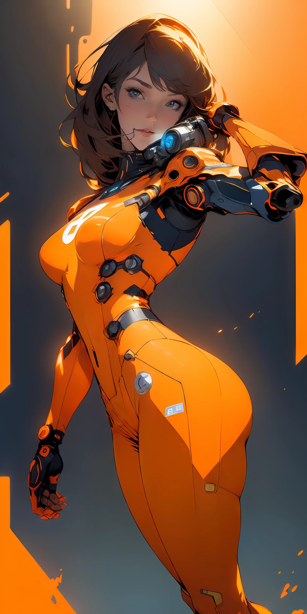 ((Best quality)), ((masterpiece)), (detailed: 1.4), ((bold)), Robot pilot woman muscular body defined, Neon evangelion style, half thick naked thighs, closed mouth, only panties, muscular body parts covered by technological clothing, (((medium breasts)) perfect, generous neckline, (((orange clothing)), Holland, pastel, (((mechanical arm))), airplane wings on the back, dark brown straight hair with straight bangs on the forehead,  short underwear, garter belt, by mucha, niji --V5, close to real, best quality, almost naked, psychopathic, crazy face, sexy pose, psychedelic background, 2 piece clothes, Holland symbol designs, cyberpunk, dark blue bra with the sun, (((clothes with the colors of the Dutch national team shirt))), pointed shoulder pads, blue eyes without pupils, HDR (High Dynamic Range), Ray Tracing,NVIDIA RTX,Super-Resolution,Unreal 5,Subsurface Dispersion, PBR Texture, Post-processing, Anisotropic Filtering, Depth of Field, Maximum Clarity and Sharpness, Multilayer Textures, Albedo and Specular Maps, Surface Shading, Accurate Simulation of Light-Material Interaction, Perfect Proportions, Octane Render, Two-Tone Lighting, Wide Aperture, Low ISO, White Balance, Rule of Thirds, 8K RAW, Crysisnanosuit