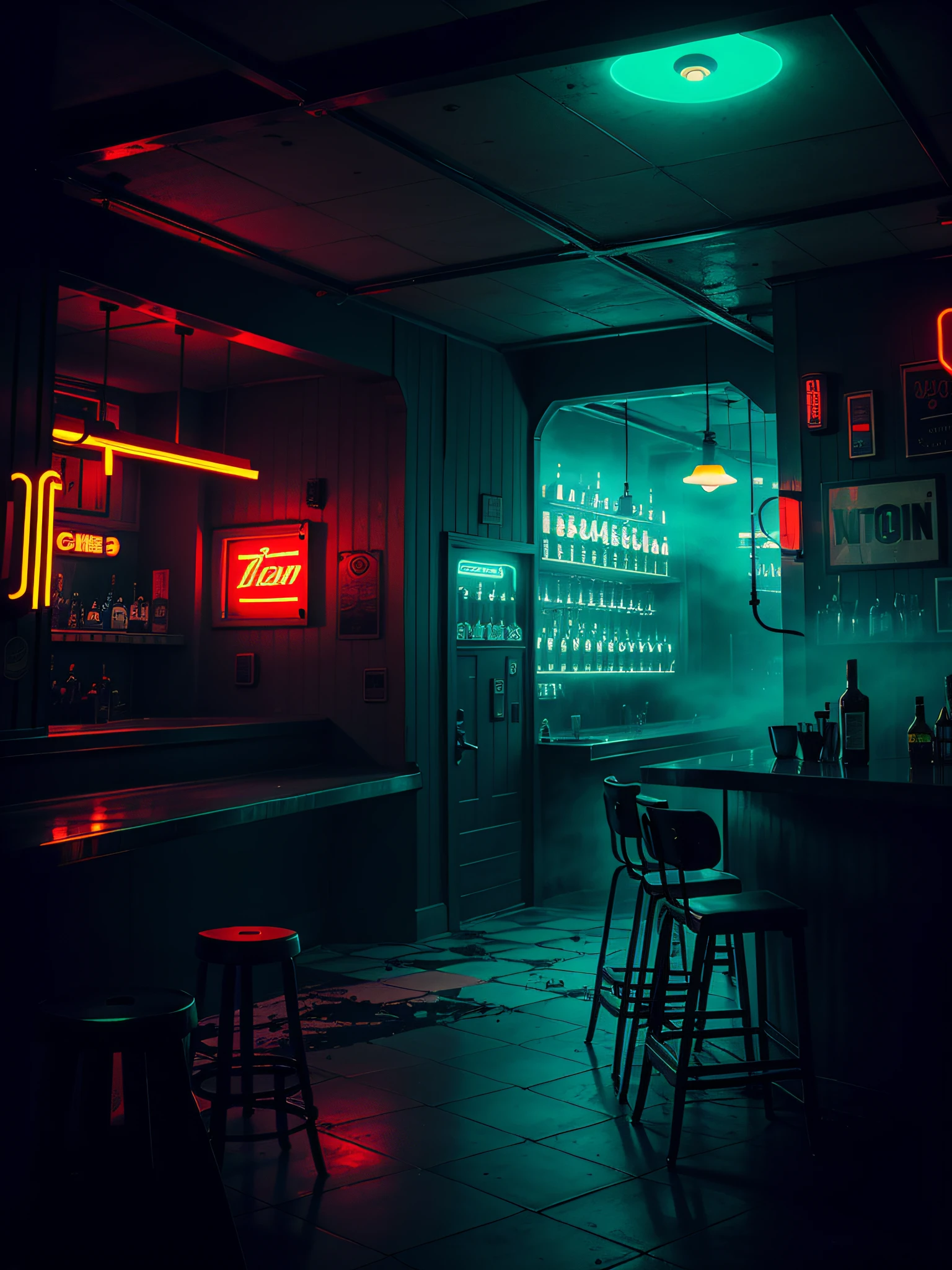 Inside the bar, alone, drunk, climbing down, back, late night, lights, neon, mystery, fog, decay, mystery, Bauhaus art, dramatic lights