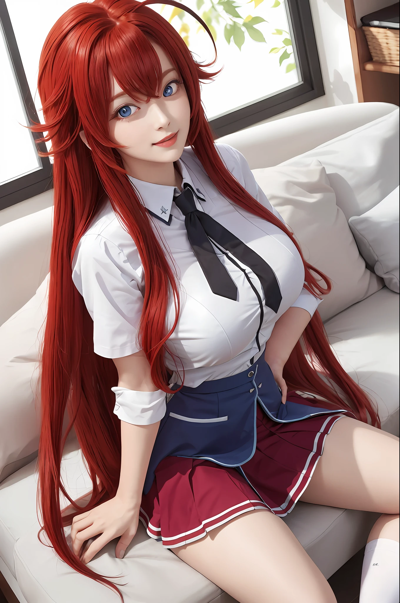 masterpiece, best quality, highres, best quality, highres, rias gremory, 1girl, long hair, school uniform, red hair, ahoge, blue eyes, large breasts, very long hair, breasts, skirt, huge ahoge, socks,
