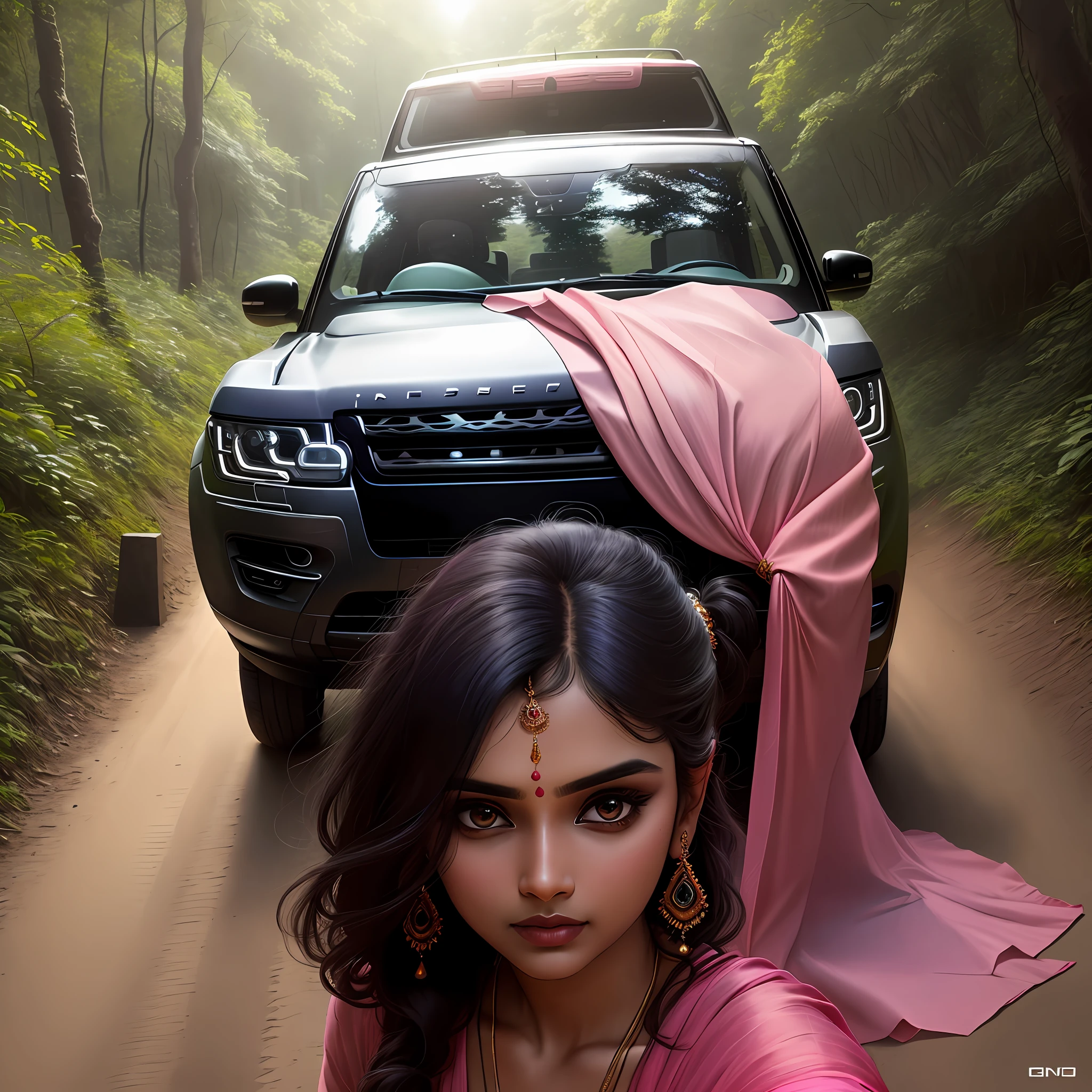 beautiful indian woman, nsfw, pink colour sari dress, gorgeous, sexy look, pretty, clear face, makeup, deep dark forest, bright day, range rover blue colure car, highly hdr detaild, side ponytail hair, upside down, from above, Modern, 4k