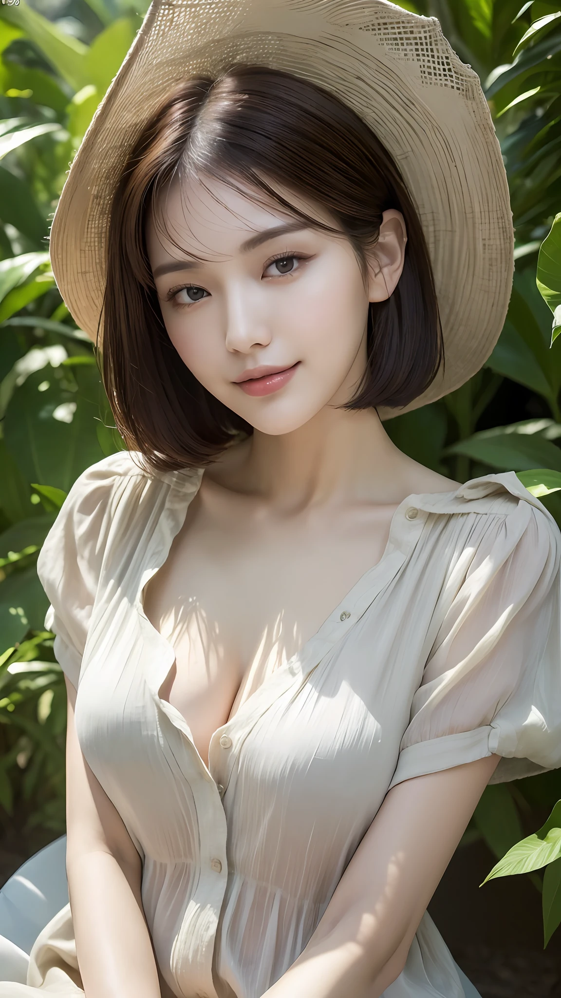 (Best quality, High resolution, Masterpiece :1.3), A tall and pretty woman, Slender figure beauty, Breasts, (Dark brown short hair), Wearing loose white button up shirt dress, Laying down on hammock at garden, Smirk, Details exquisitely rendered in the face and skin texture, Detailed eyes, Double eyelid