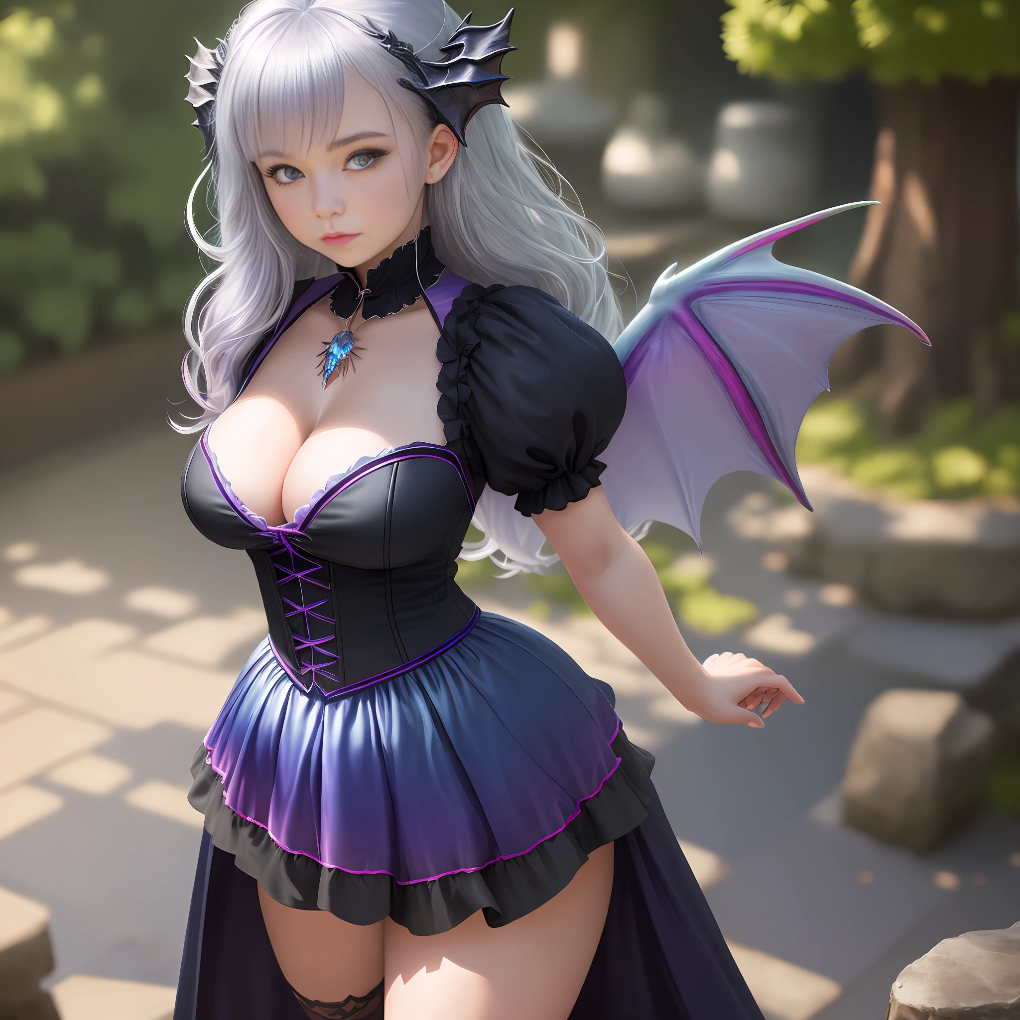 ((masterpiece, best)), 1girl, (mature woman: 1.4), 130mm lens f1.4, 1girl, solo, mini skirt, looking down, witch, chubby breasts, (dragon wings: 1.4)1.4), saturated, colorful, prismatic hair, silver hair, colored eyes