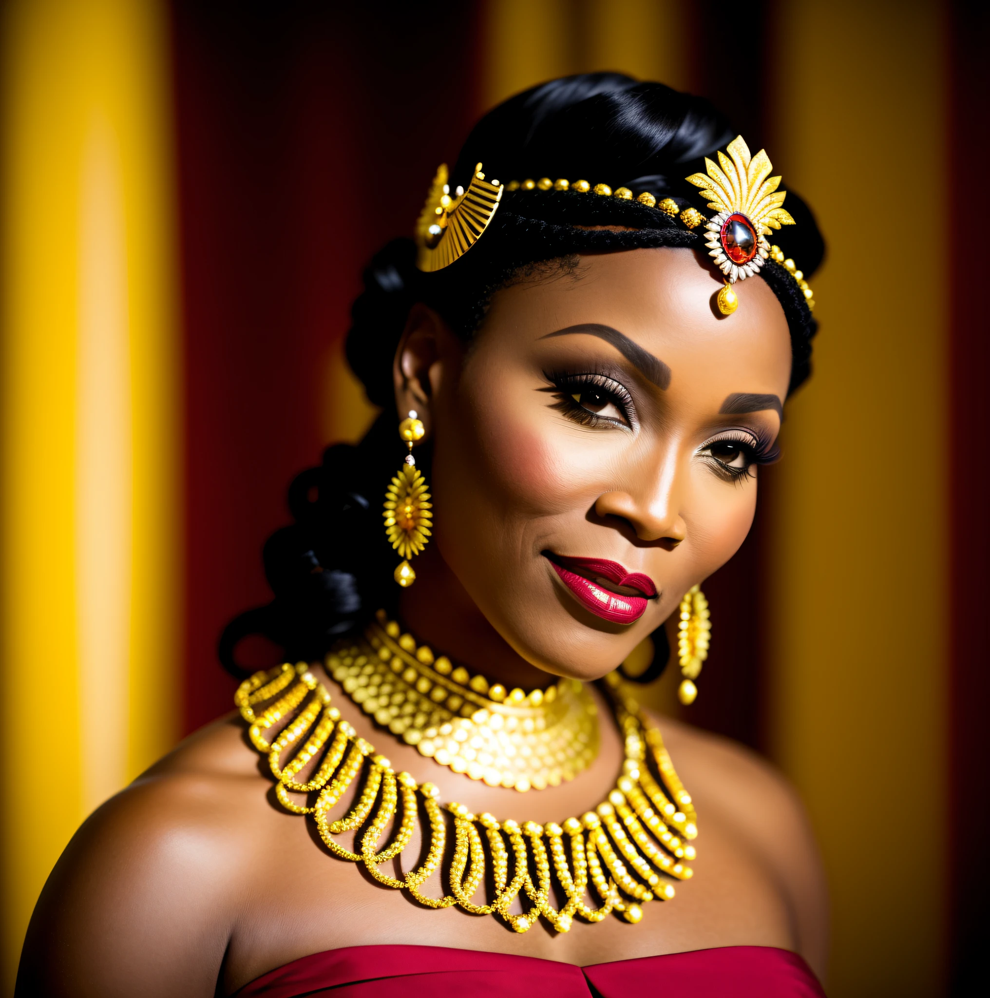 a closeup of a black woman wearing a red crown and dress, Brandy, Vivica Fox, stunning African princess, african queen, black african princess, african princess, dressed as a queen, beautiful queen, posing as a queen, with a golden crown, a beautiful fantasy empress, beautiful queen, queen's crown on top of her head, dark-skinned female goddess of love, wearing golden crown