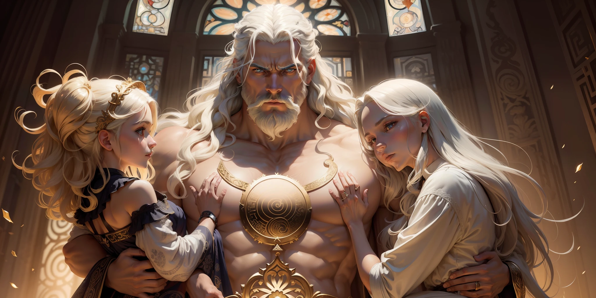 image of a white-haired man dressed in watches, epic scene of zeus, digital painting greek myth, battle between good and evil, greek mythology, characters from greek mythology, greek gods, classical greek mythology, greek dark myth, dramatic art, thunderous battle, godrays digital painting, as an offering to zeus, art mythology, epic mythology,  long curly hair, blonde, floral frame, decorative panels, abstract artistic, by Alphonse Mucha (masterpiece, best quality, high resolution: 1.4), detailed, intricate details, 4K, color splashes, line art, fibonacci ,