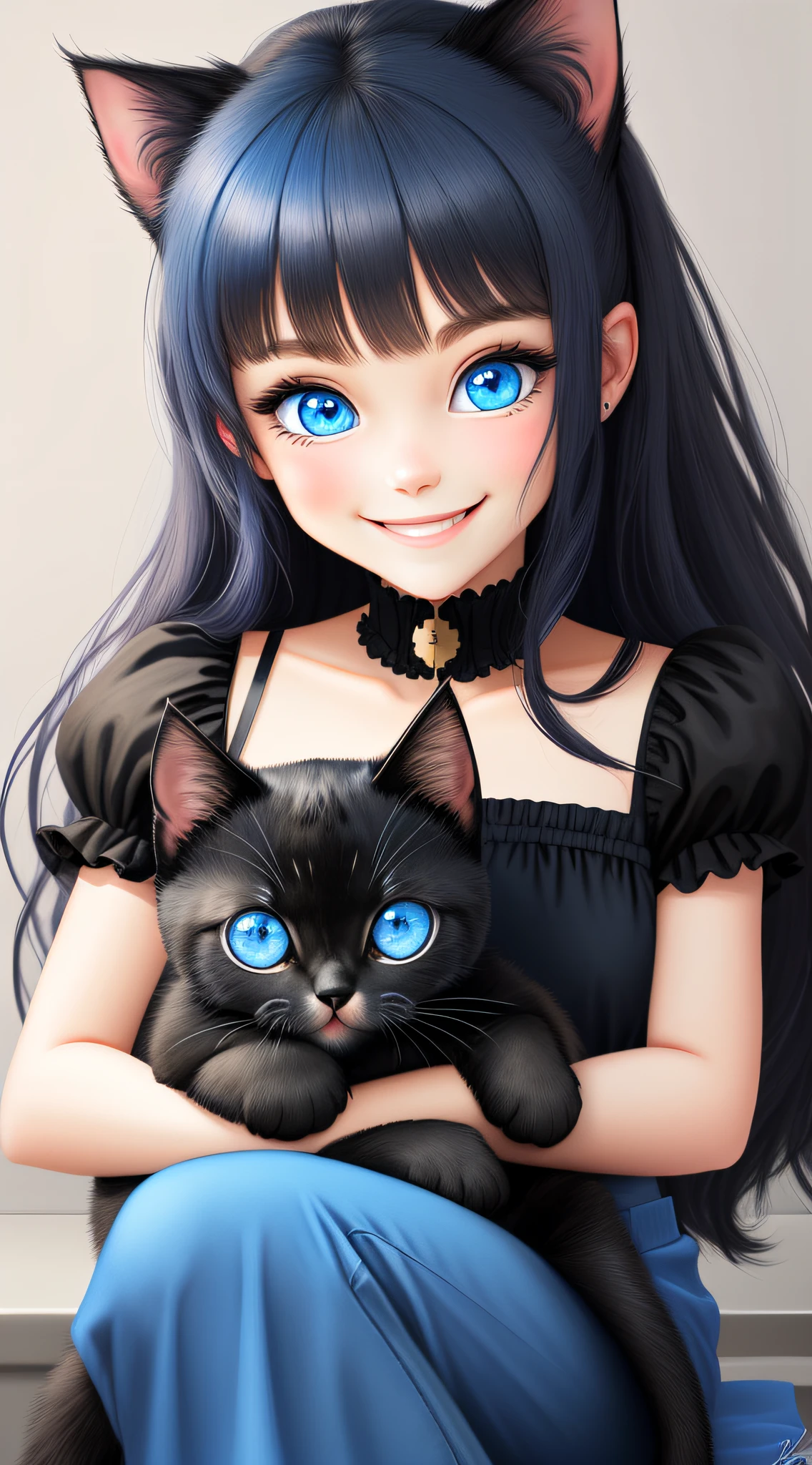 Sticker with big and beautiful blue eyes with black kitten outline, (BIG SMILE), looking at the viewer.