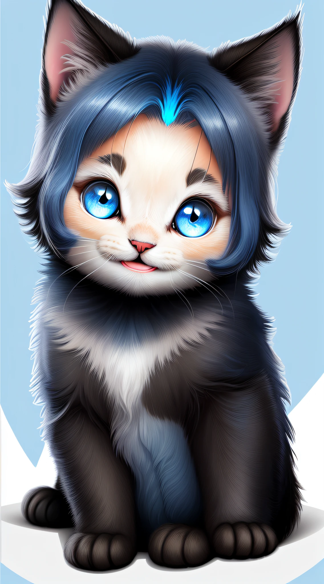Sticker with big and beautiful blue eyes with black kitten outline, (BIG SMILE), looking at the viewer.