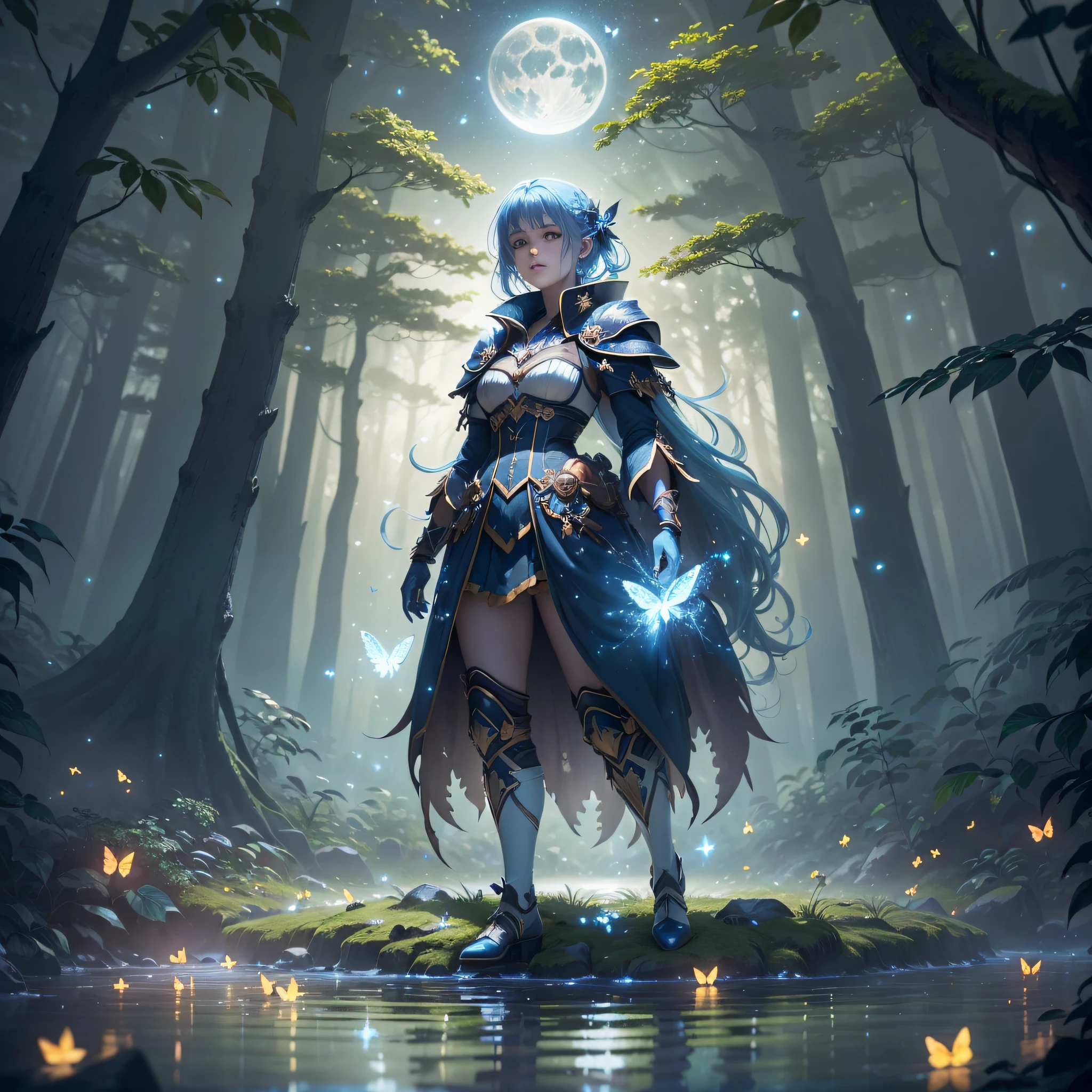A bright moon, starry moonlit environment, stunning reflections, the best reflections of all time. (very detailed 8k CG unit wallpapers), (better quality), (best illustrations), (best shadows), forest theme with natural elements. Tall trees, tranquil streams, small bright mushrooms surrounded by delicate leaves and branches, with fireflies and bright blue particle effects, (natural elements), (dark jungle theme, (leaves), twilight lighting (branches), (bright fireflies), butterflies, (brightness), (particle effects), ultra realistic, super detailed, killer character standing out walking on top of the water, environment with a bright blue lighting, Bright night environment, character blue hair like bright rays, character with perfect eyes and face, dark, environment standing out with an intense bright blue and magical on the waters. --auto --s2