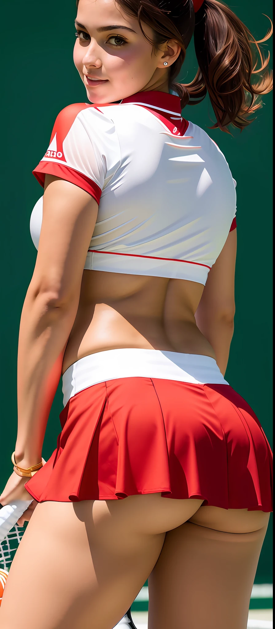 Create beautiful tennis woman (best quality) with thick legs and big butt (super detail), with torn red blouse, and short white skirt, the woman has a beautiful body, perfect physique, beautiful breasts and navel, with the racket in her hand hitting the ball