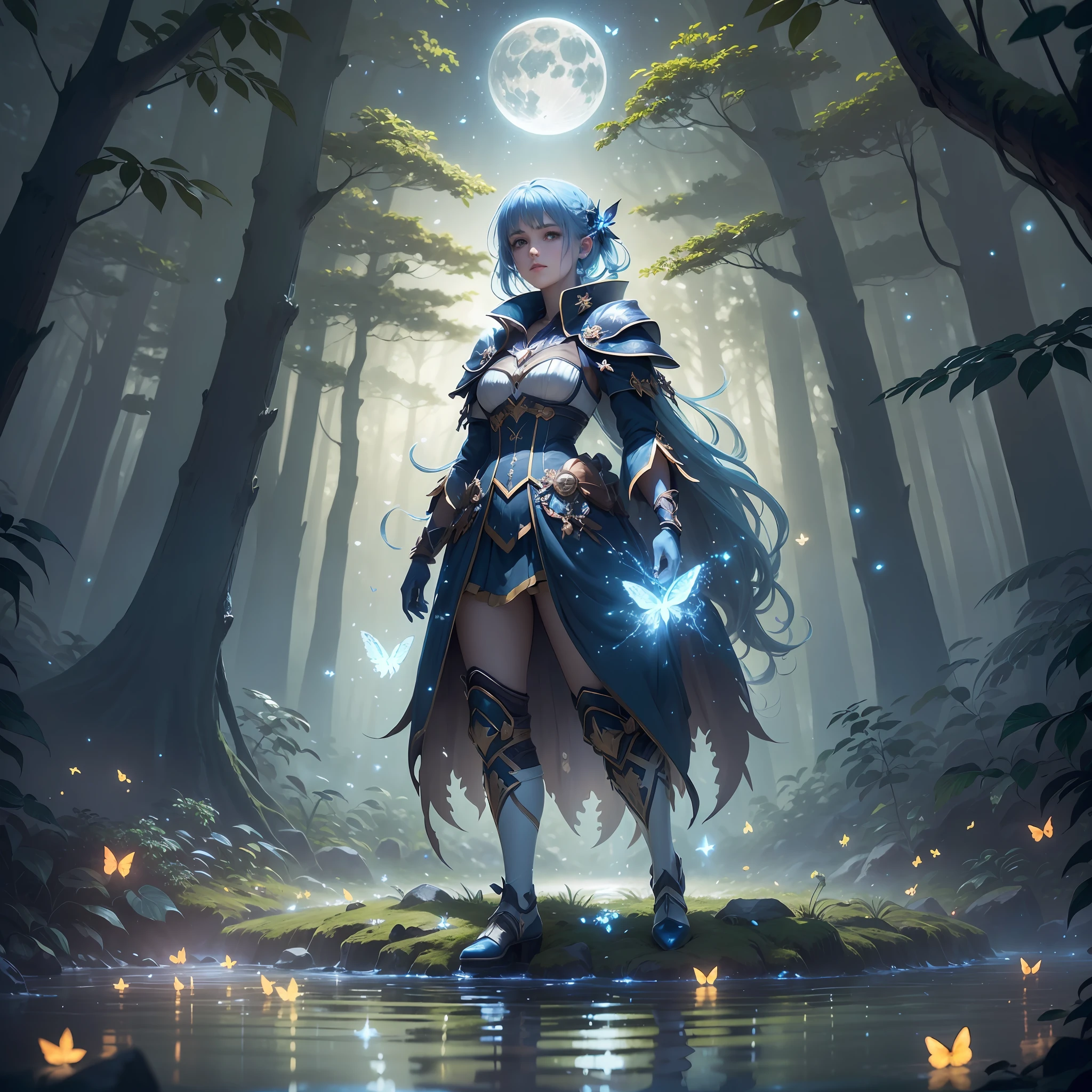 A bright moon, starry moonlit environment, stunning reflections, the best reflections of all time. (very detailed 8k CG unit wallpapers), (better quality), (best illustrations), (best shadows), forest theme with natural elements. Tall trees, tranquil streams, small bright mushrooms surrounded by delicate leaves and branches, with fireflies and bright blue particle effects, (natural elements), (dark jungle theme, (leaves), twilight lighting (branches), (bright fireflies), butterflies, (brightness), (particle effects), ultra realistic, super detailed, killer character standing out walking on top of the water, environment with a bright blue lighting, Bright night environment, character blue hair like bright rays, character with perfect eyes and face, dark, environment standing out with an intense bright blue and magical on the waters. --auto --s2