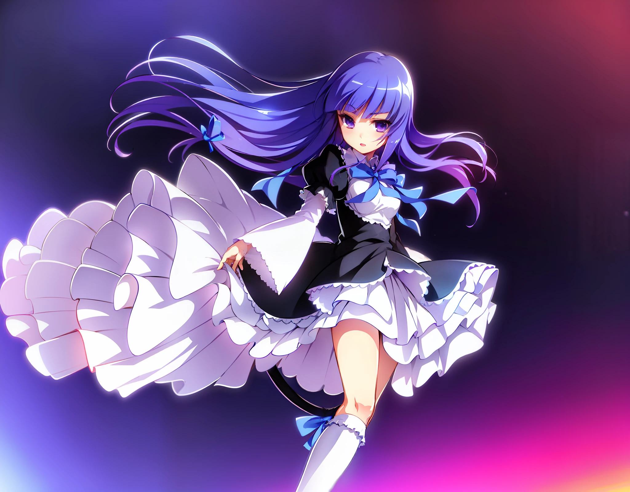 1girl, frederica bernkastel, blue hair, blunt bangs, bow, cat tail with bow, dress, kneehighs, long hair, purple eyes, ribbon, shoes, solo,tail ornament, tail ribbon, white legwear