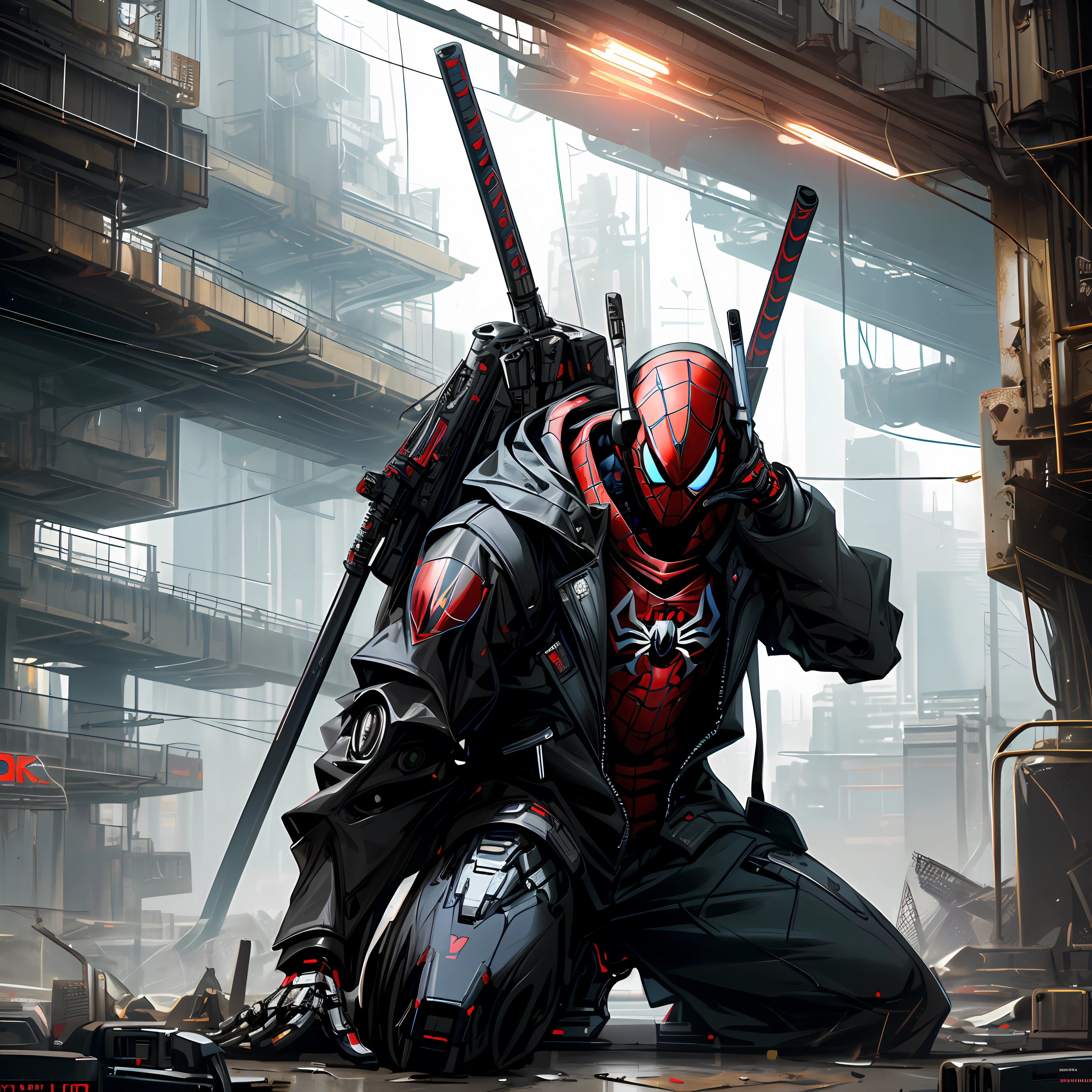 Dark_Fantasy,Cyberpunk, (Best Quality, Masterpiece),White,1Person,Mechanical Miracle,Robotic Presence,Cybernetic Guardian,Wearing a Cybernetic Jacket,Black and Red, Futuristic Deadpool from Marvel, (Cyborg), (Spider-Man),City, Highest Quality Digital Art, Stunning Art, 4k Wallpapers, High Detailed, Warzone, Black & White, Highest Quality Digital Art, Stunning Art, 4k,8k,64k, HD Wallpapers, Unbeatable Masterpiece, dynamic lighting, cinematic, epic, damaged mechanical parts