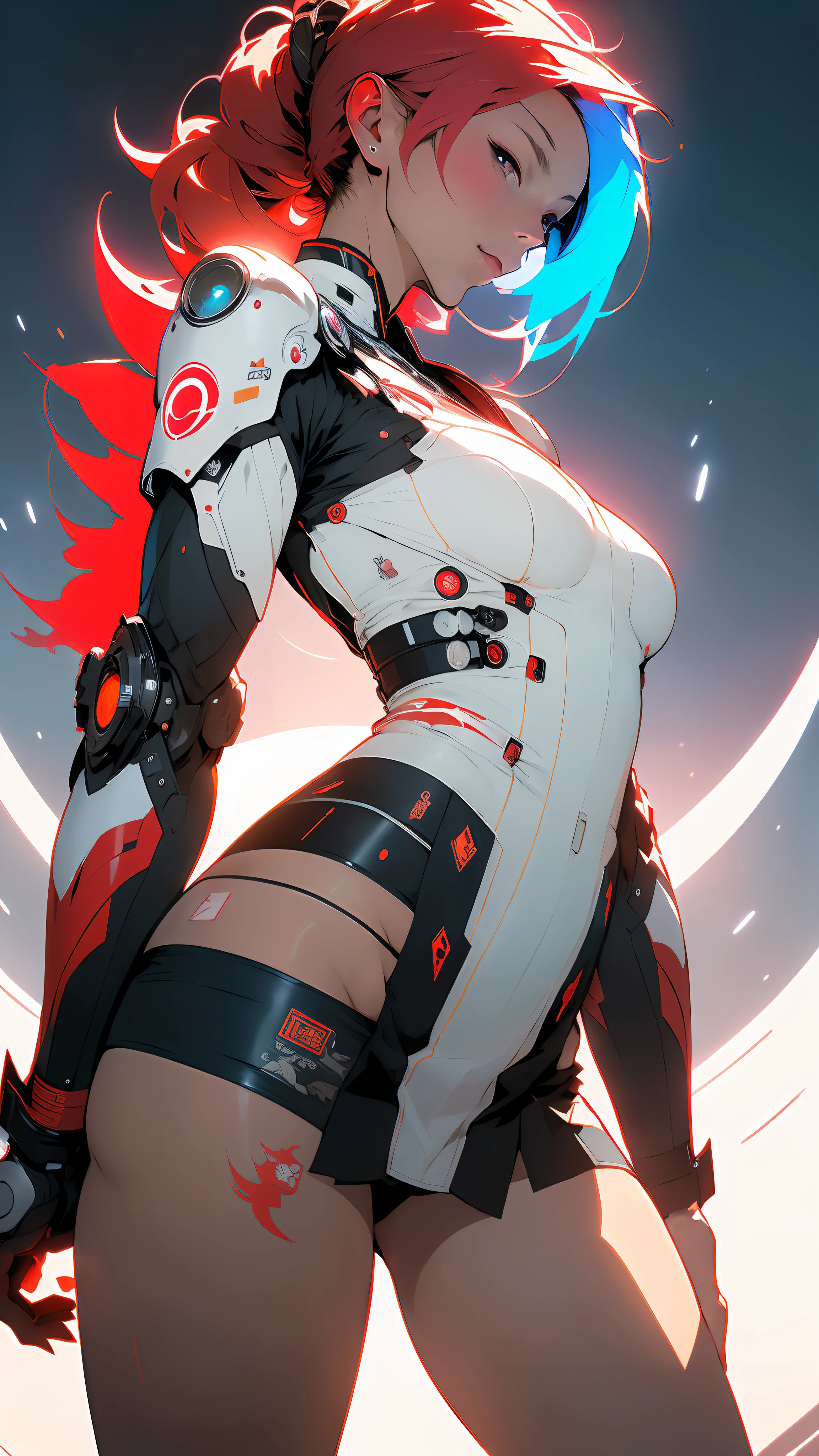 ((Best quality)), ((masterpiece)), (detailed: 1.4), Absurd, Japanese female fighter pilot ready for war, muscular body defined, half-thick bare thighs, closed mouth, only in panties, muscular body parts covered by technological clothing, (((medium breasts)) perfect, generous neckline, ((white clothing with a large red circle in the center)), Japan, pastel, Blue hair Up to the shoulder,  a robotic arm, oriental eyes pulled, short underwear, garter belt, by mucha, niji --V5, close to real, best quality, almost naked, psychopath, crazy face, sexy pose, 2 piece clothes, dragon designs on the arms, cyberpunk, airplane wings on the back, samurai shoulder pad, red bra and white panties, symbol of the rising sun, red circle on white,  red and white stripes on arms, pointed shoulder pads, black eyes pulled without pupils, HDR (High Dynamic Range),Ray Tracing,NVIDIA RTX,Super-Resolution,Unreal 5,Subsurface dispersion, PBR texture, Post-processing, Anisotropic filtering, Depth of field, Maximum clarity and sharpness, Multilayer textures, Albedo and specular maps, Surface shading, Accurate simulation of light-material interaction, Perfect proportions, Octane Render,  Two-tone lighting, Wide aperture, Low ISO, White balance, Rule of thirds, 8K