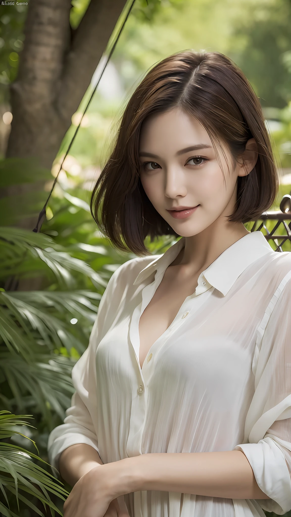 (Best quality, High resolution, Masterpiece :1.3), A tall and pretty woman, Slender figure beauty, Breasts, (Dark brown short hair), Wearing loose white button up shirt dress, Laying down on hammock at garden, Smirk, Details exquisitely rendered in the face and skin texture, Detailed eyes, Double eyelid