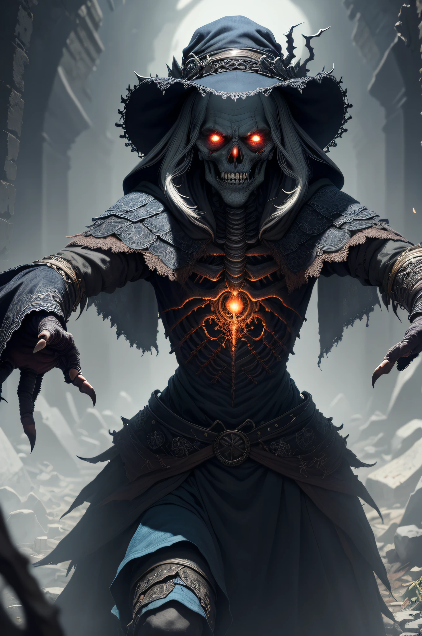 "A highly detailed and intense depiction of a terrifying necromancer, mid-shot and dramatically captured in ultra-detailed 8k wallpaper, showcasing intricate complexity."