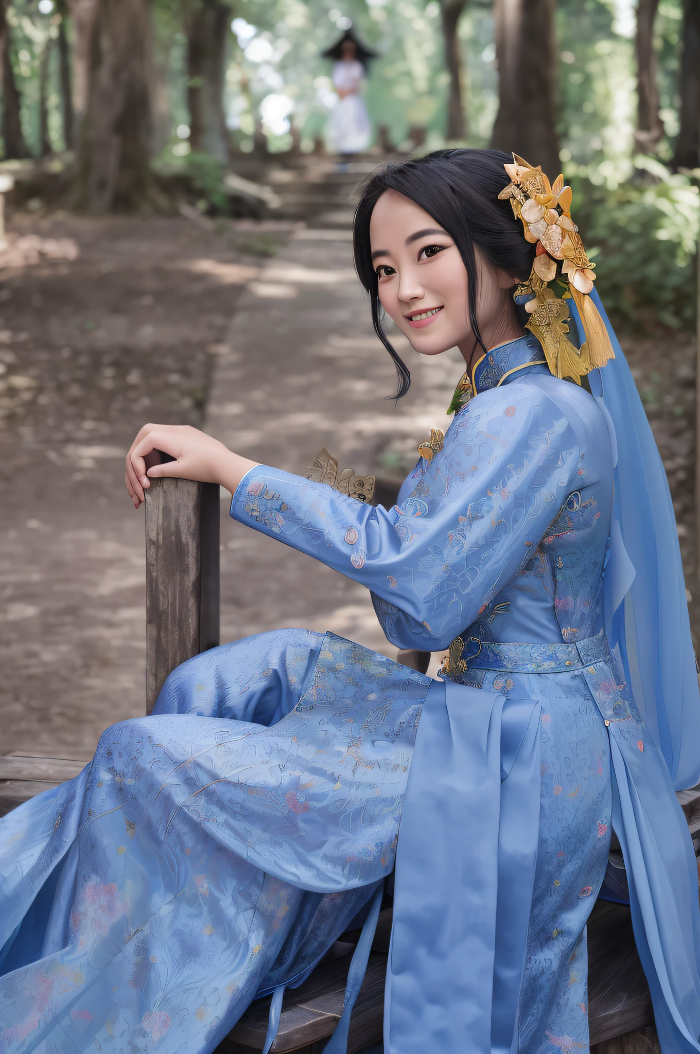 woman in blue dress sitting on a bench in a forest, ao dai, palace ， a girl in hanfu, portrait shot, sukhothai costume, smiling as a queen of fairies, captured on canon eos r 6, mid shot portrait, wearing a blue qipao dress, hanfu, a young asian woman, dilraba dilmurat