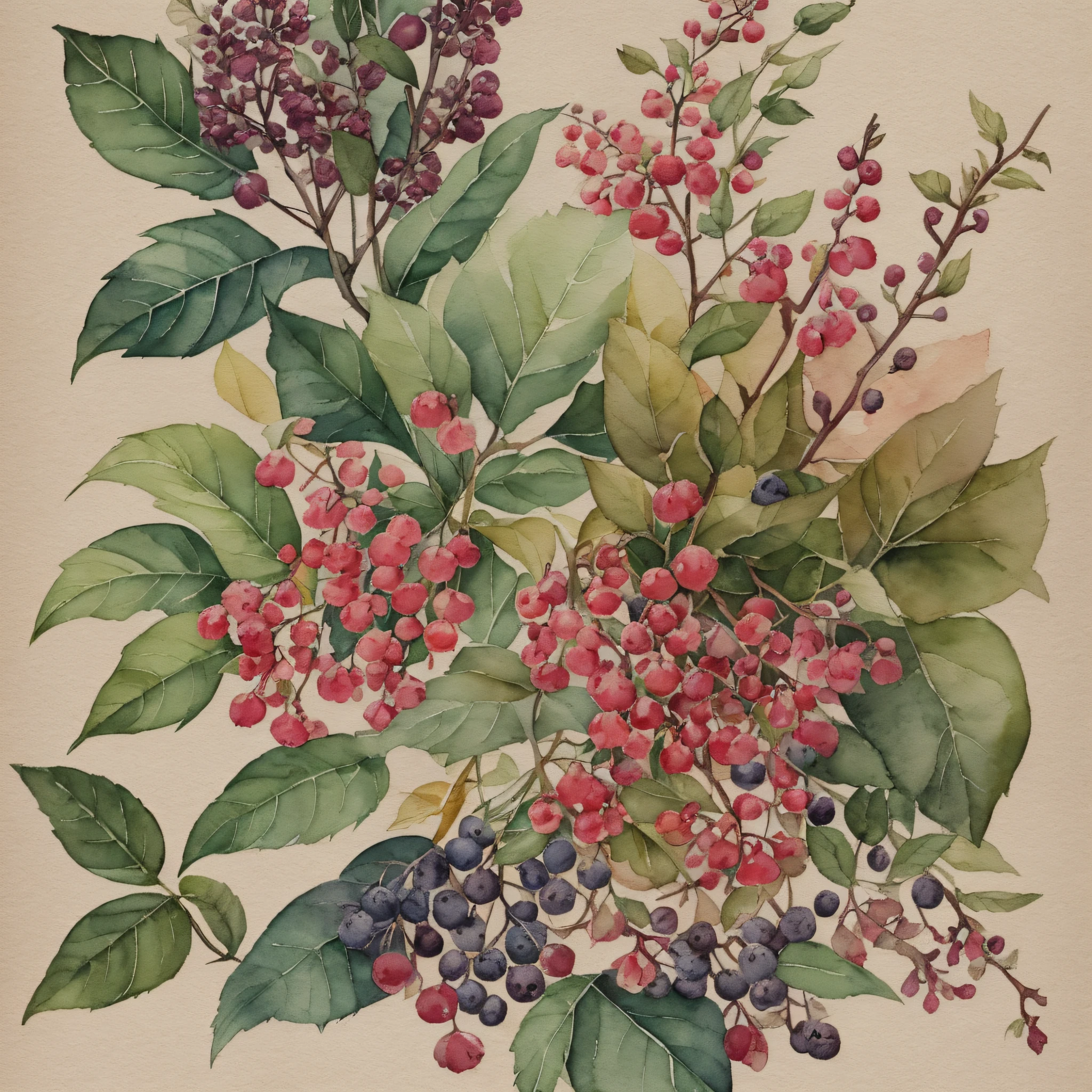 Watercolor, flowers, berries, leaves, high contrast, muted, vintage --auto --s2