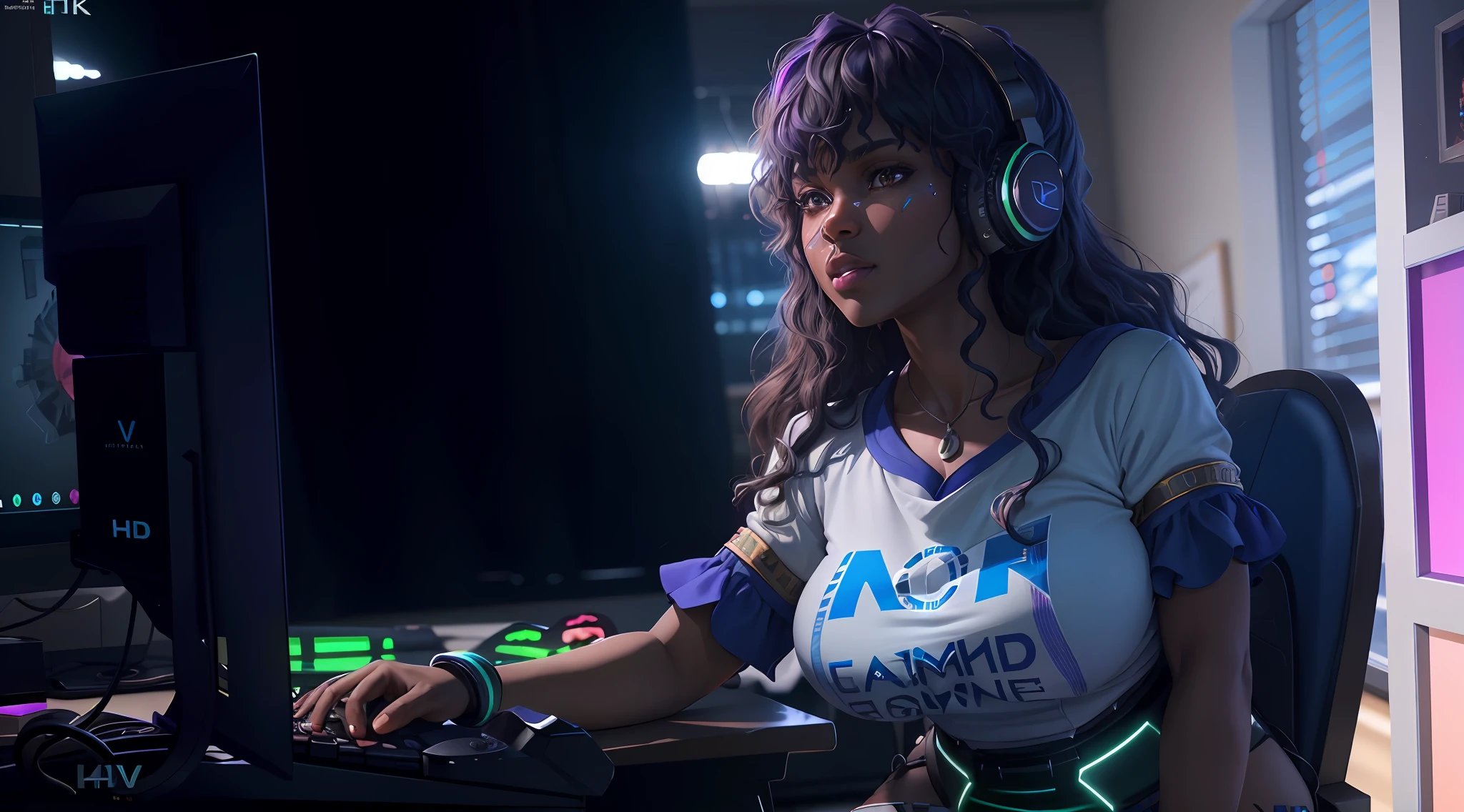 a beautiful african goddess is playing valorant game at a modern computer with triple screen in a room full of gadgets, luxuriant afro-textured messed rainbow hair, dark skin, heterochromia eyes, really curly hair, round belly voluptuous body, R-cup breast, full body, (wear earphone rgb), Very detailed, 8k, dark tone, dark shadow, glow in the dark, gaming color grading, (HDR, UHD, 64k, best quality, RAW photograph, best quality, masterpiece:1.5),UHD, hd , 64k, hyperrealism, Very detailed, full body, hyperrealism, Very detailed, in hyperrealistic detail, A hyper realistic detailed full body image, highly detailed, digital painting, Trending on artstation, HD quality