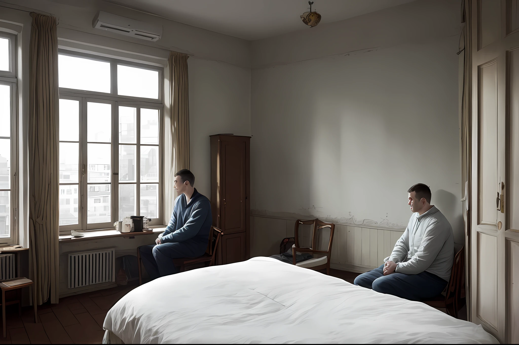 there is a man sitting on a bed in a room with a window, someone in home sits in bed, by Jan Konůpek, sergey zabelin, by Petr Brandl, by Ihor Podolchak, inside a gang hideout, by artist, by Mór Adler, by Dietmar Damerau, by Alexander Fedosav