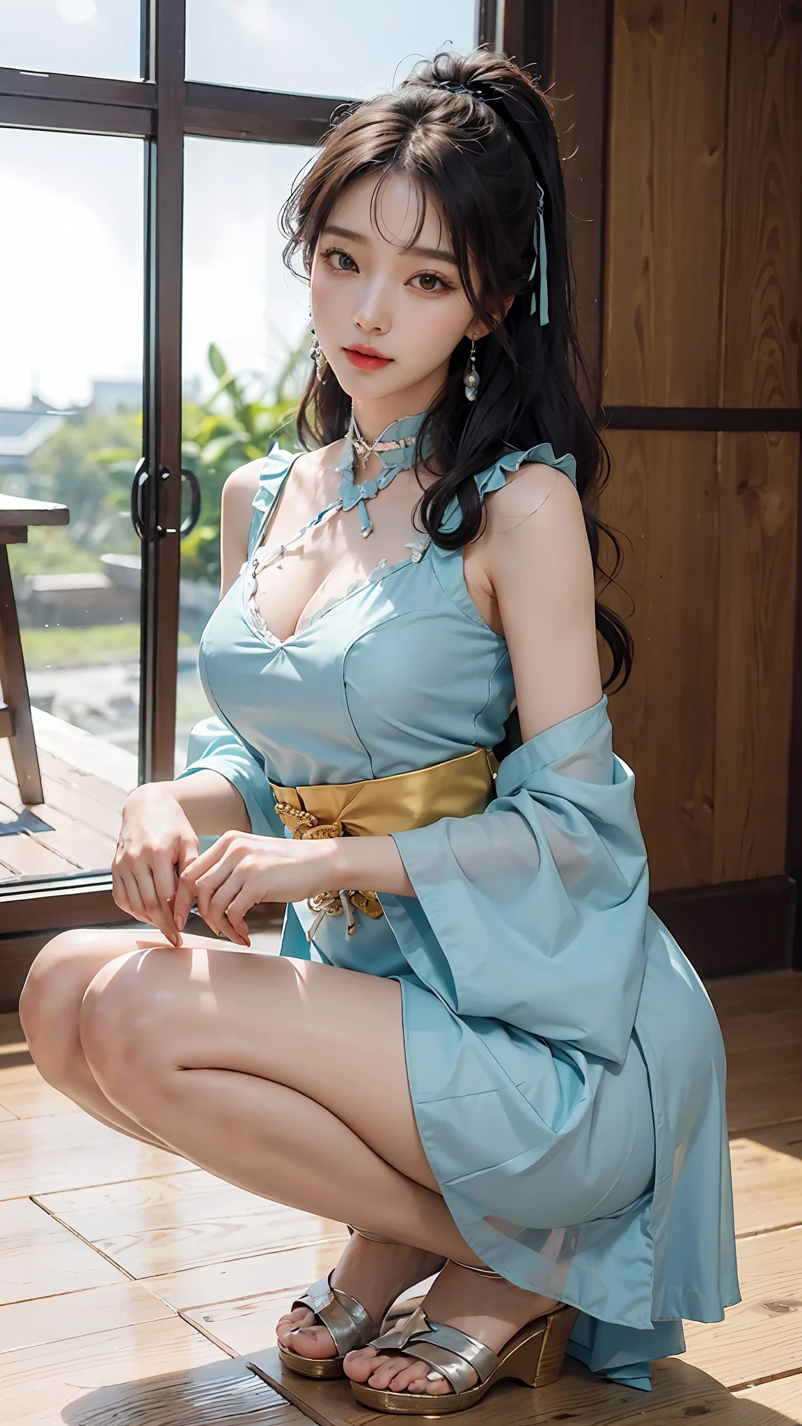 Delicate and masterpiece, beautiful details, colorful, fine details, detailed lips, intricate details, (1 woman: 1.1), (gorgeous and beautiful 30 year old sexy Korean woman: 1.1), (KPOP idol, Korean mixed), (hair tying: 1.1), (50mm Sigma f/1.4 Zeiss lens, f1.4, 1/800s, ISO 100, photo: 1.1), big breasts, (photorealistic : 1.1), Solo, looking_at_viewer, Tall Woman, , Happy Smile, from_front, Earrings, slim_legs, Skinny, thigh_gap, Model, Lens Flare, Choker, (Hanbok + See-Through Silhouette, Wedge Heel: 1.3), Korean Commentary, korean_street, korean_traditional_ house, 1 boy, cowgirl, squatting,, gonzo, beautiful woman, tops, shorts, ride