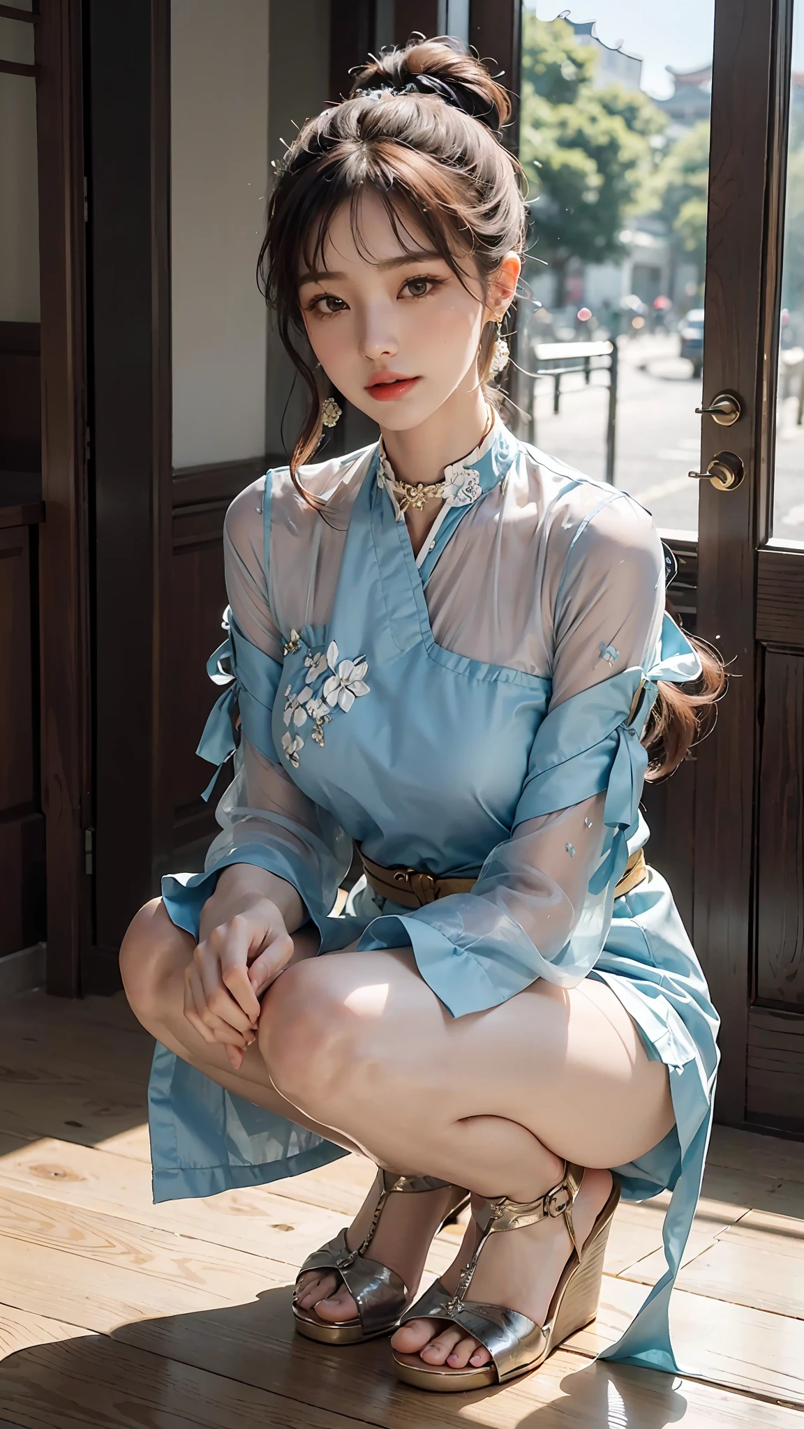 Delicate and masterpiece, beautiful details, colorful, fine details, detailed lips, intricate details, (1 woman: 1.1), (gorgeous and beautiful 30 year old ???? Korean woman: 1.1), (KPOP idol, Korean mixed), (hair tying: 1.1), (50mm Sigma f/1.4 Zeiss lens, f1.4, 1/800s, ISO 100, photo: 1.1), ???????????, (photorealistic : 1.1), Solo, looking_at_viewer, Tall Woman, , Happy Smile, from_front, Earrings, slim_legs, Skinny, thigh_gap, Model, Lens Flare, Choker, (Hanbok + See-Through Silhouette, Wedge Heel: 1.3), Korean Commentary, korean_street, korean_traditional_ house, 1 boy, cowgirl, squatting,, gonzo, beautiful woman, tops, shorts, ride