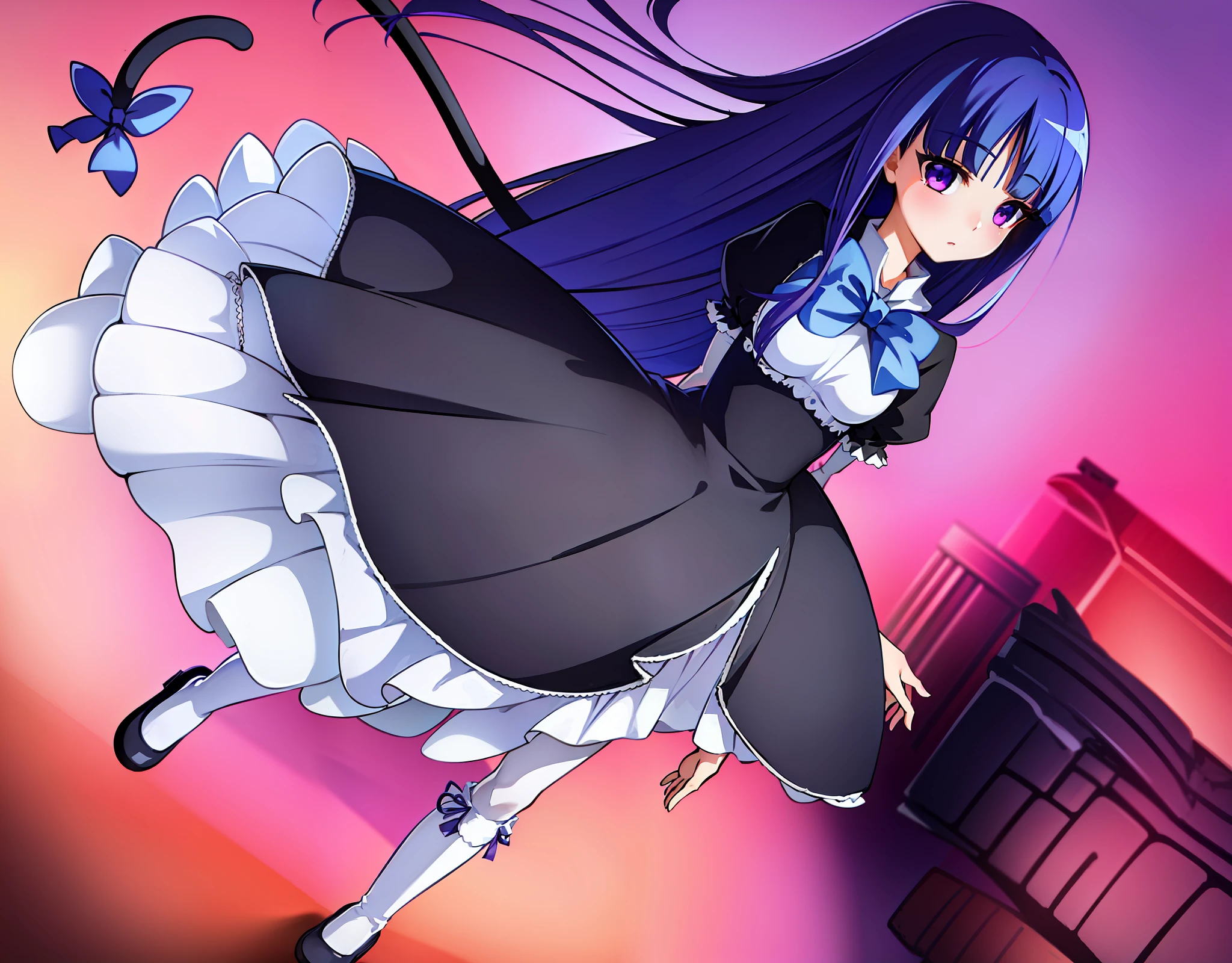 1girl, frederica bernkastel, blue hair, blunt bangs, bow, cat tail with bow, dress, kneehighs, long hair, purple eyes, ribbon, shoes, solo,tail ornament, tail ribbon, white legwear, rainy city, wet