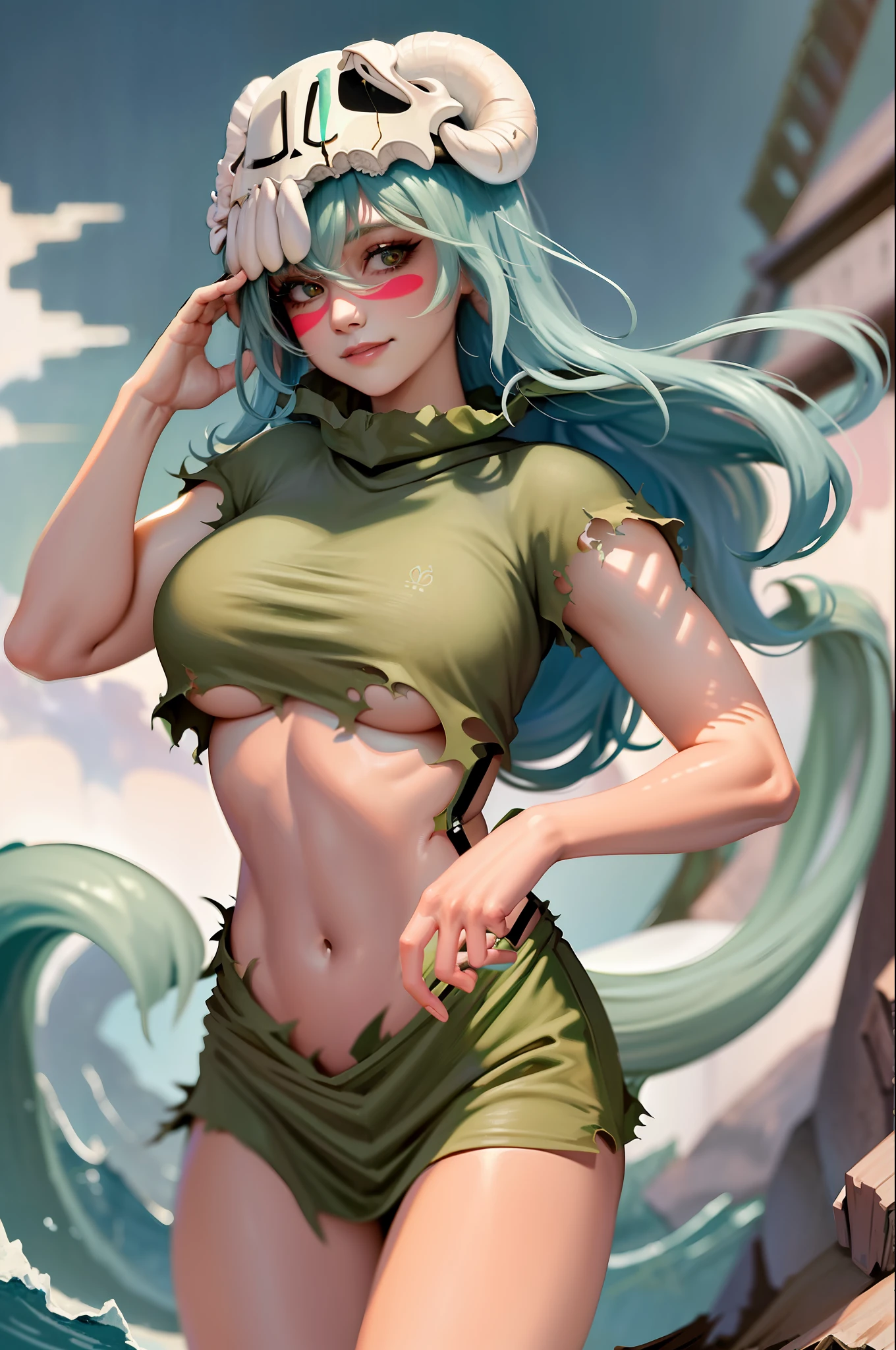(masterpiece, best quality: 1.2), cowboy shot, solo, 1woman, odelschwanck, sensual expression, smiling, looking at the viewer, hand in own hair, green hair, skull, torn clothes, showing part of breasts, large breasts, torn skirt, big ass, barefoot