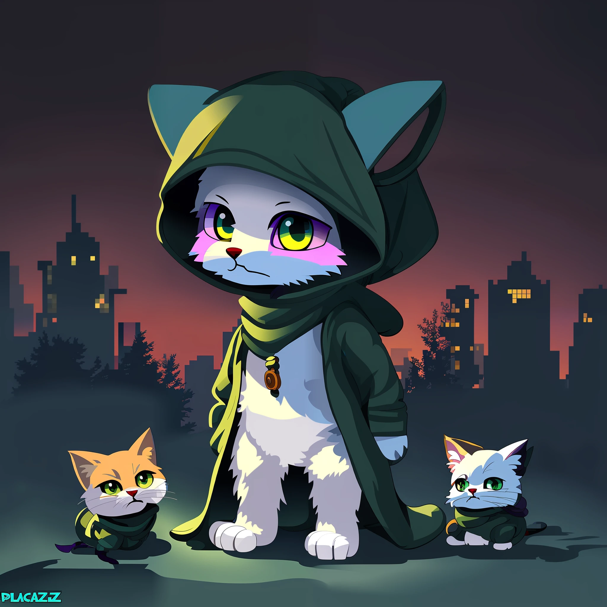 cartoon cat with hoodie and two cats in front of a city, advanced digital chibi art, trending on artstation pixiv, fursona art, pixiv contest winner, anthropomorphic cat ninja, adorable digital painting, cute detailed digital art, official fanart, jazza and rossdraws, tabaxi :: rogue, chibi art, furry art!!!, game art!!