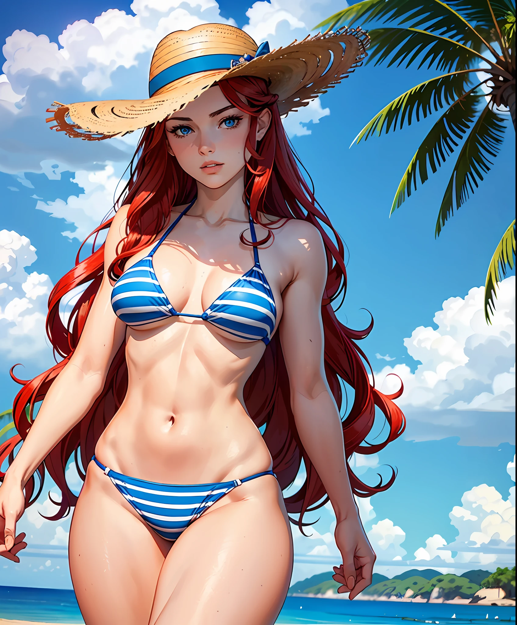 woman in her 20s, (perfect face), defined jawline, beautiful blue eyes, beautiful lips, (long red flowing wavy hair), (perfect anatomy), (athletic body), (sexy)(small breasts), (thick thighs), (perfect hands), (bikini with blue stripes), (straw hat), looking at viewer, (POV from below), (medium full shot photograph), (tropical beach background), realistic