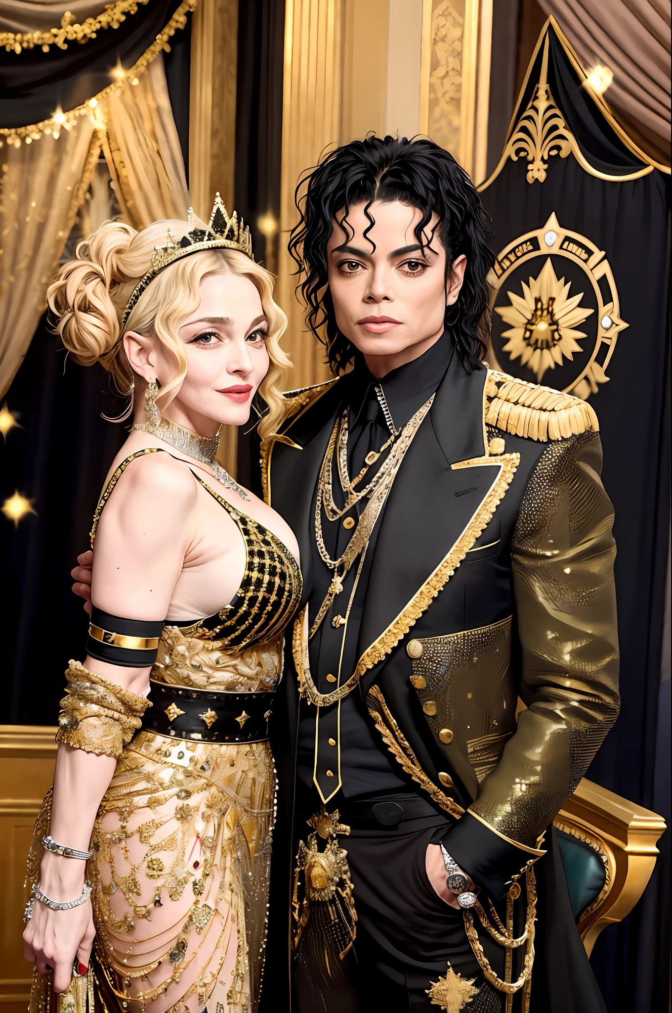 Madonna and Michael Jackson side by side, (photorealistic: 1.4) (ultra-detailed) (full body), crown, popstar, movie scene (black and gold), sparkles, splendor, wealth, nobility, king and queen