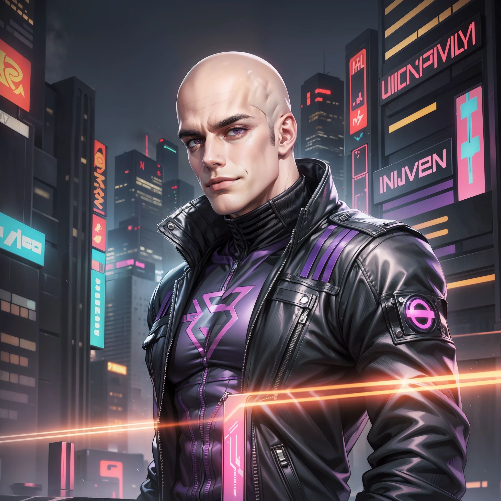 Masterpiece//, (1man), (Half body), Sinister smile, Mouth shut, Tall muscular young man, Smug face, (wearing black and purple Cyberpunk jacket), (Bald), (Henry Cavill face), Symmetrical eyes, Hacker, Implants, Red eyes, Detailed face and eyes, Dynamic lighting, Cinematic lighting, Volumetric lighting, Ultra High Resolution, Cyberpunk, Cyberpunk Night Cyberpunk City with neon lighting.