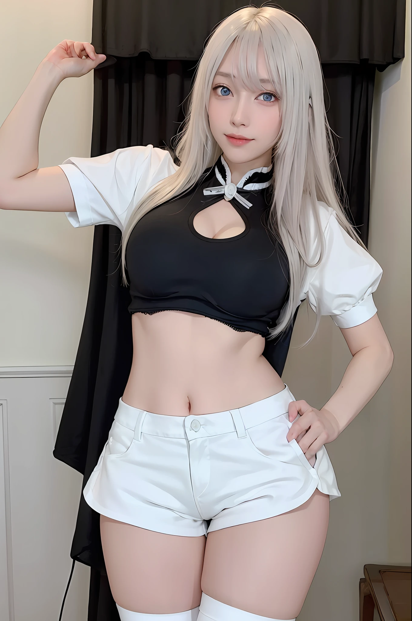 photorealistic, high resolution, 1 girl, white hair, korean, blue eyes, white shirt, skimpy tight black shorts, thick thighs