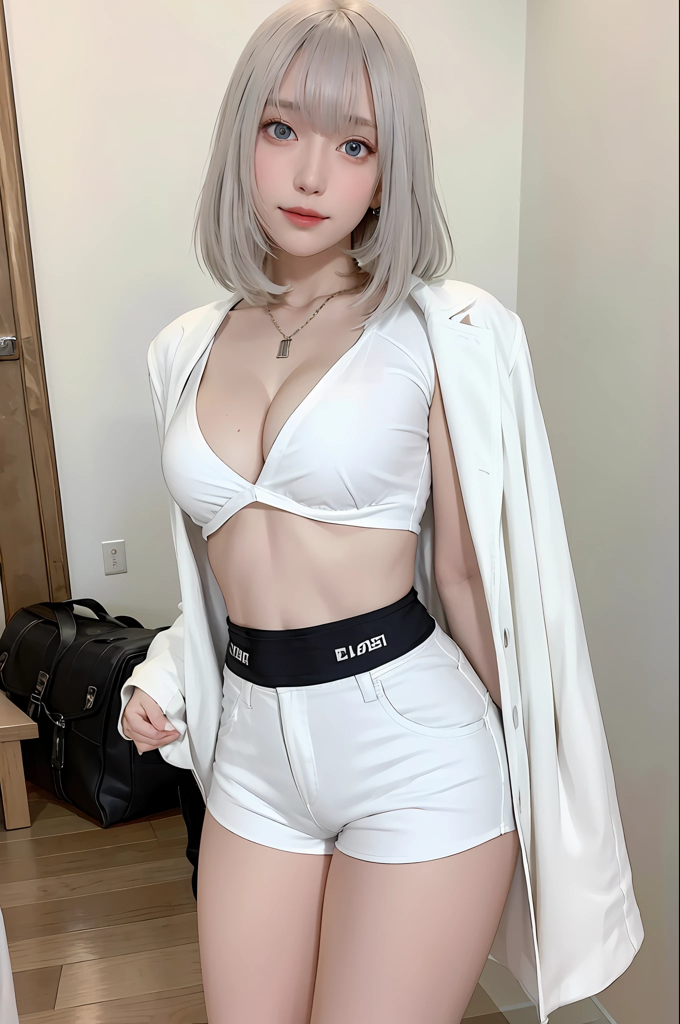 photorealistic, high resolution, 1 girl, white hair, korean, blue eyes, white shirt, skimpy tight black shorts, thick thighs