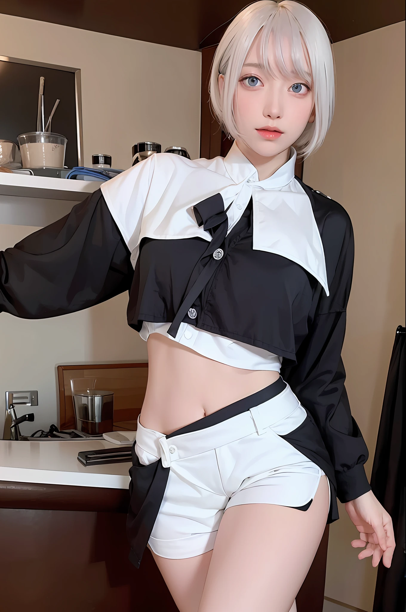 photorealistic, high resolution, 1 girl, white hair, korean, blue eyes, white shirt, skimpy tight black shorts, thick thighs