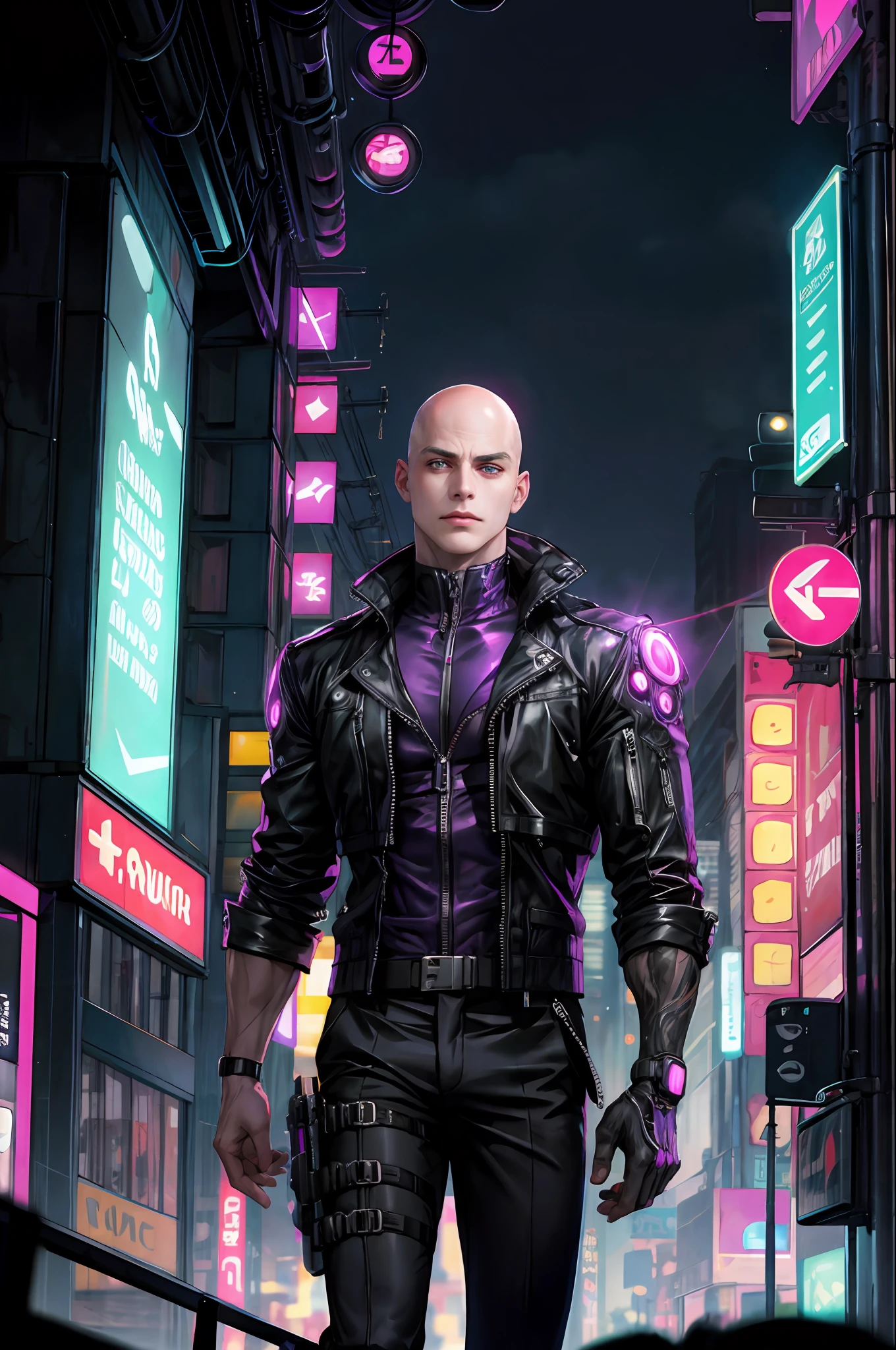 masterpiece, best quality, 1male, handsome, tall muscular face, bald, symmetrical eyes, neon eyes, best four-finger-to-one thumb ratio, best light and shadow, backdrop, moderate sunlight, dressed in a black and purple cyberpunk jacket, mechanical sleeve, cyberpunk, sci-fi, half body, futuristic clothes, speed, night city, neon sign, cyan, magenta