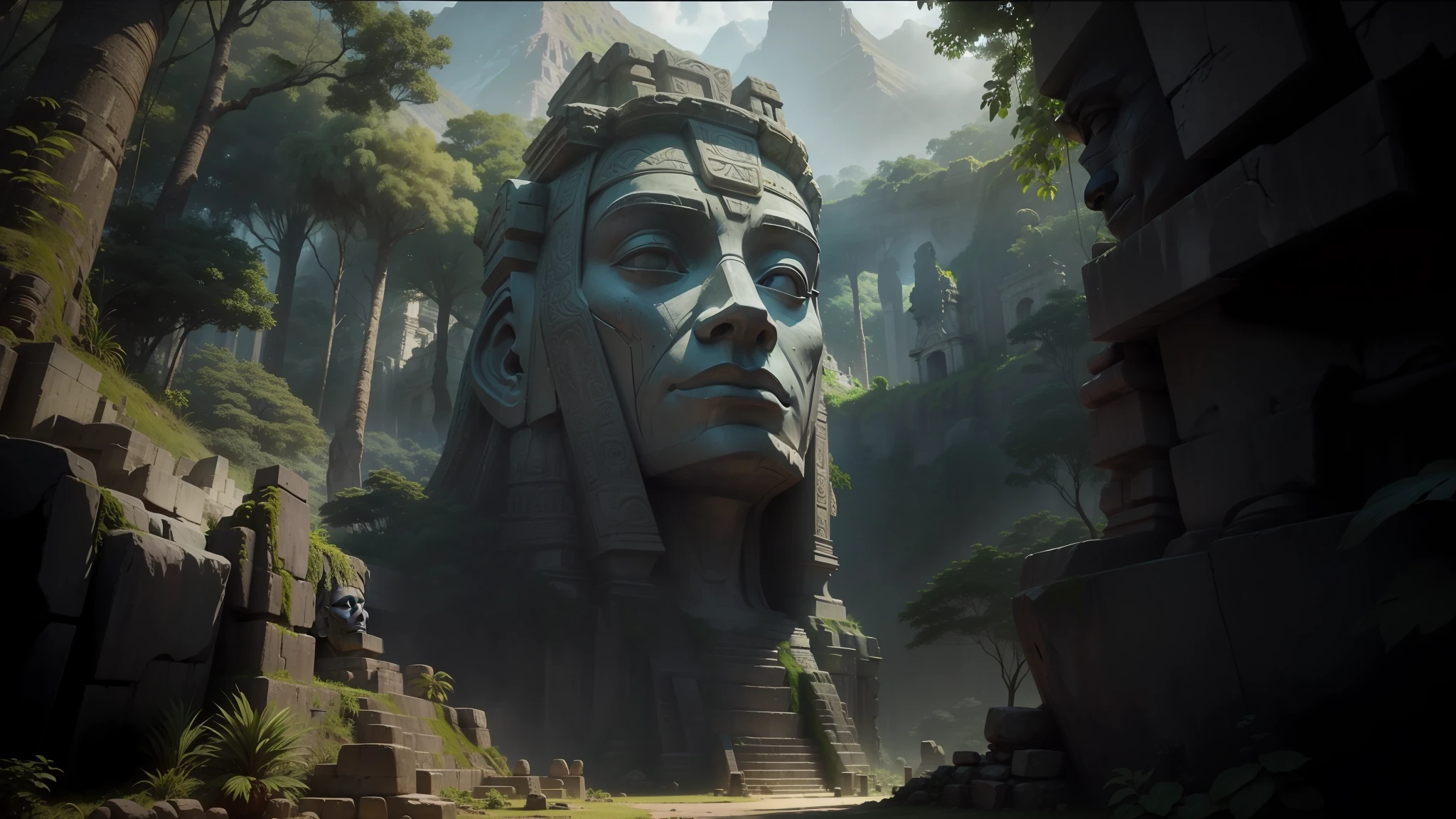 there is a statue in the middle of a forest with a mountain in the background, unreal maya, promotional movie still, widescreen shot, imax close-up of face, white stone temple ruins, airborn studios, overgrown jungle ruins, moai, face shown, game screen